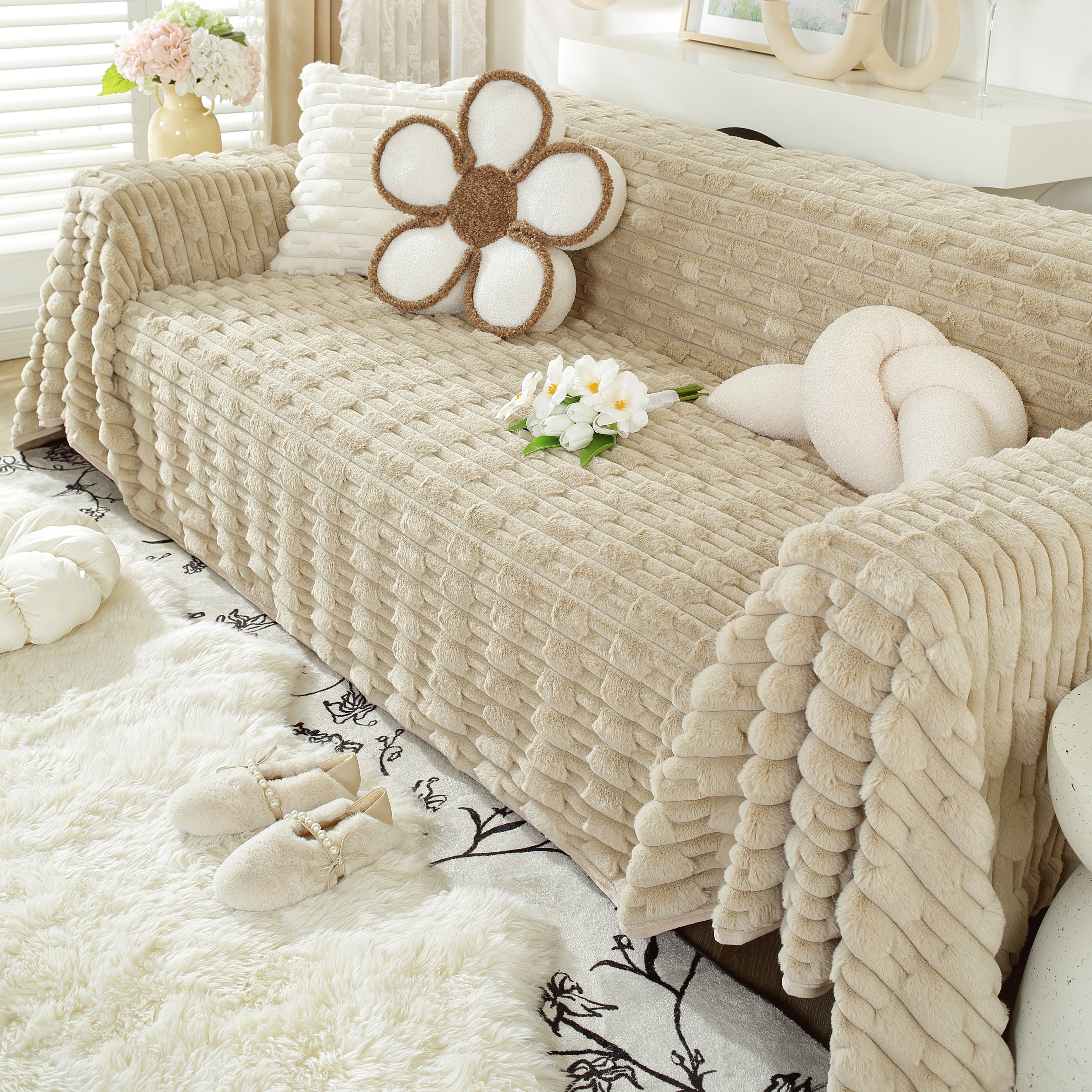 Fluffy Faux Fur Couch Cover Plush Sofa Throw, Warm & Stylish Sofa Protector