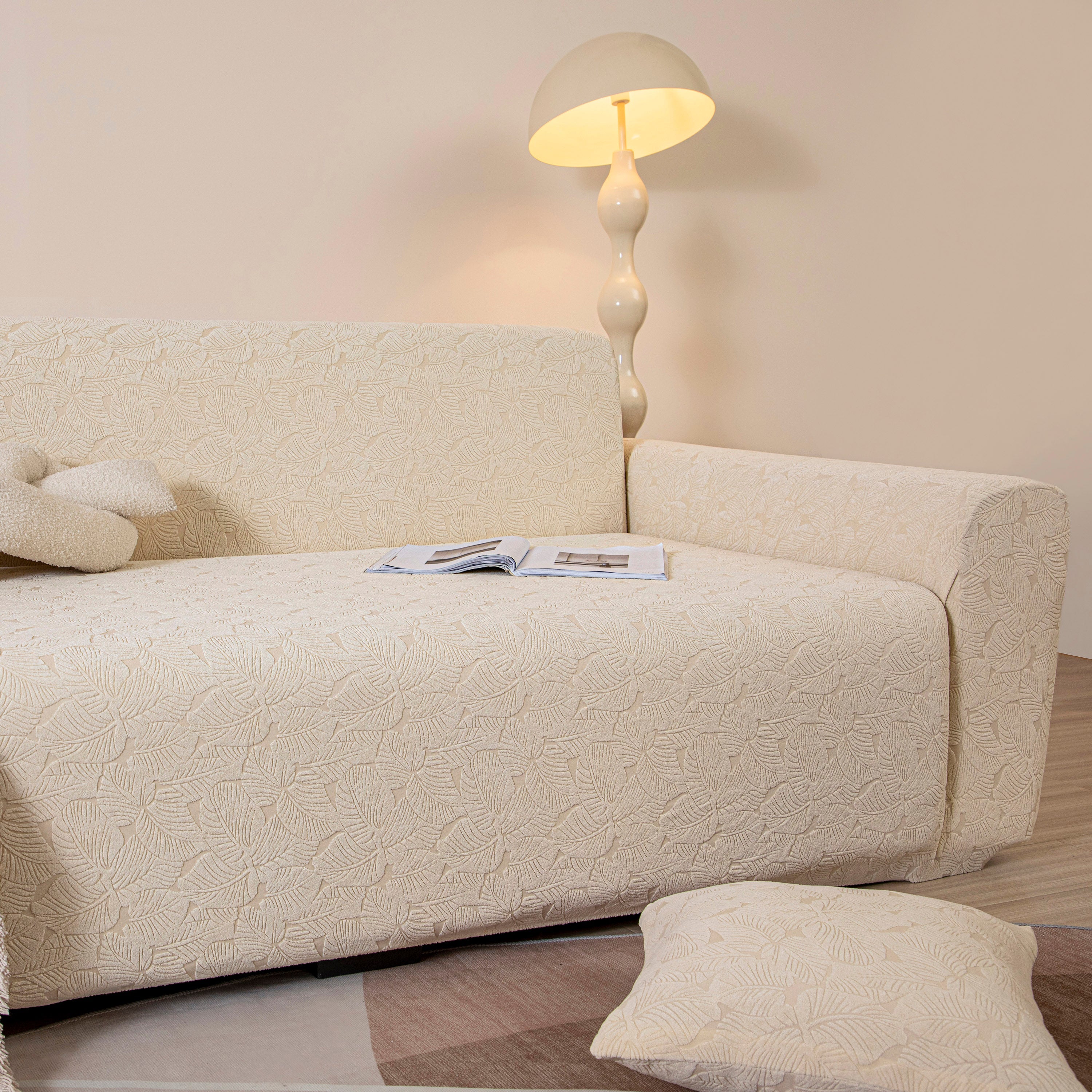 3D Jacquard Leaf Pattern Couch Slipcover, High Stretch Washable Textured Sofa Cover