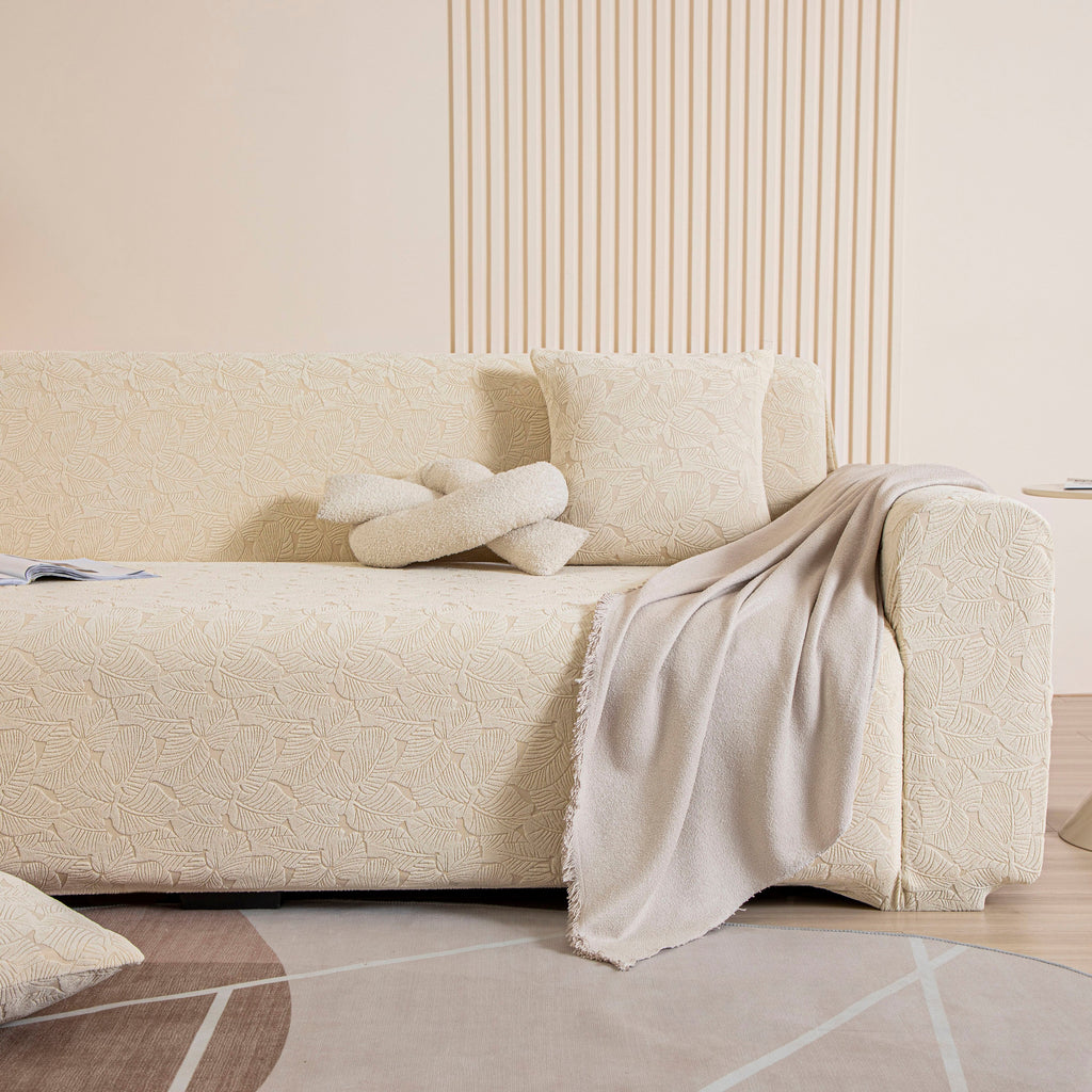 3D Jacquard Leaf Pattern Couch Slipcover, High Stretch Washable Textured Sofa Cover
