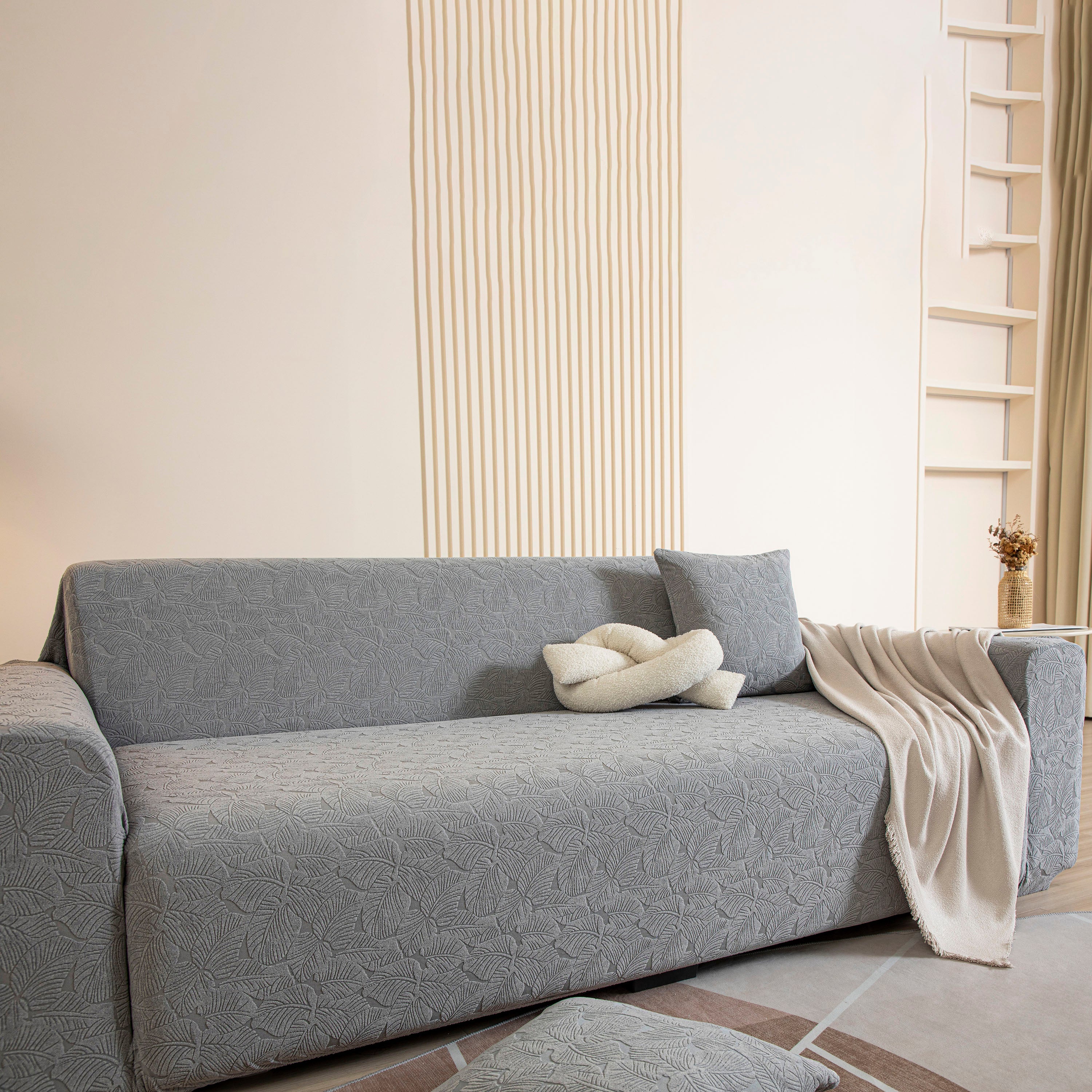 3D Jacquard Leaf Pattern Couch Slipcover, High Stretch Washable Textured Sofa Cover