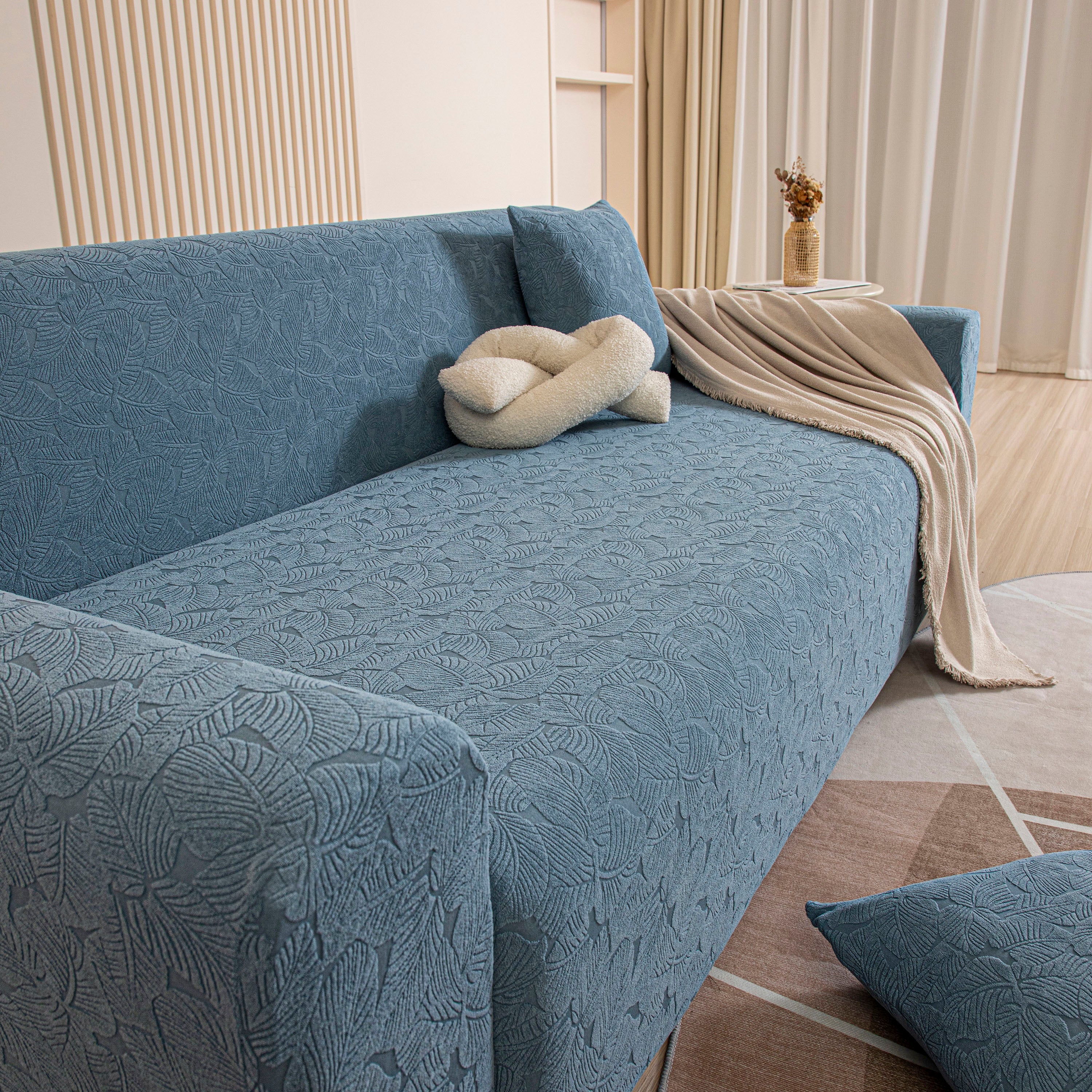 3D Jacquard Leaf Pattern Couch Slipcover, High Stretch Washable Textured Sofa Cover