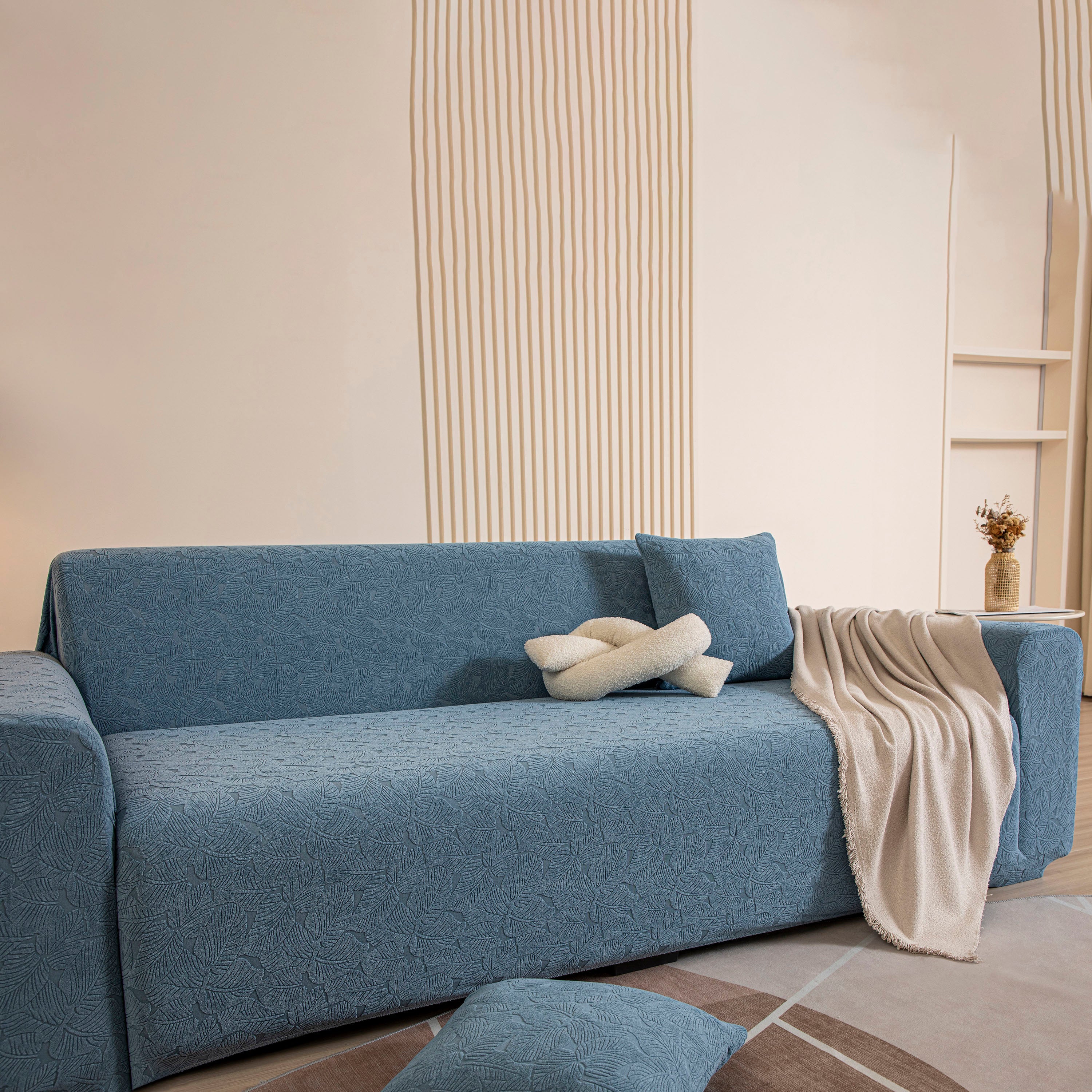 3D Jacquard Leaf Pattern Couch Slipcover, High Stretch Washable Textured Sofa Cover