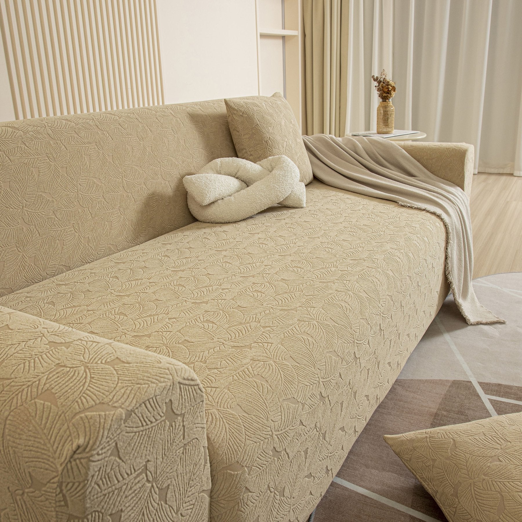 3D Jacquard Leaf Pattern Couch Slipcover, High Stretch Washable Textured Sofa Cover