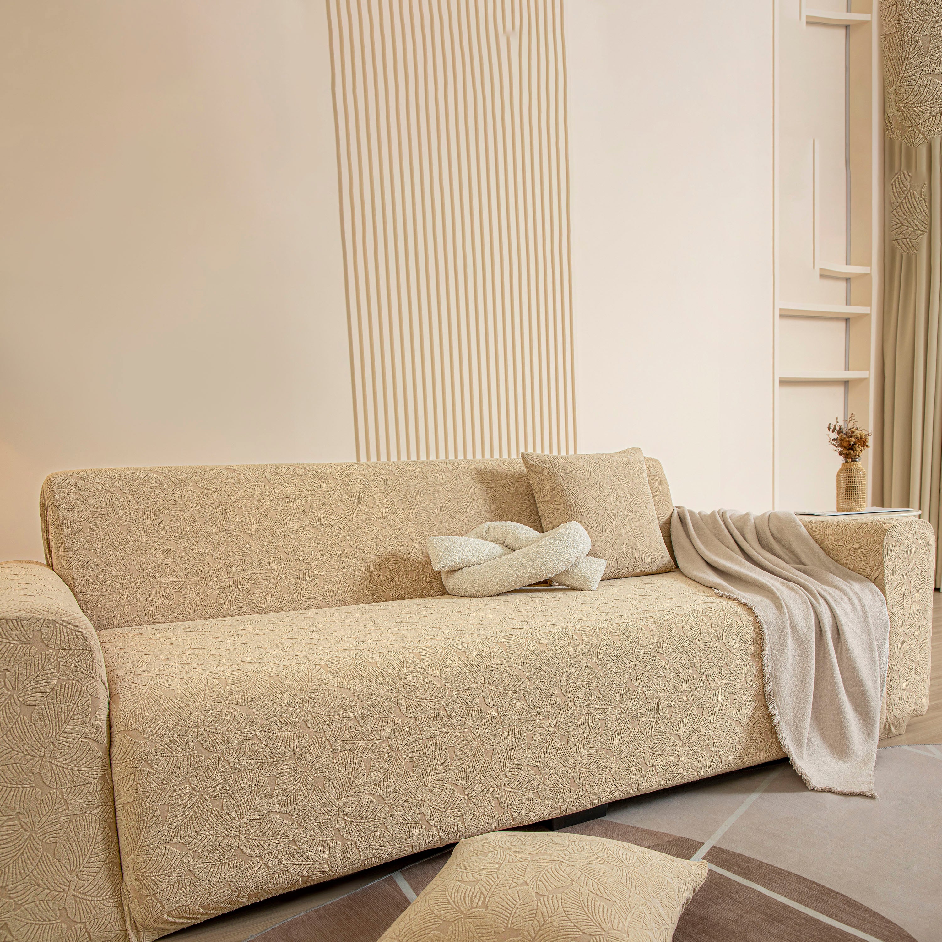 3D Jacquard Leaf Pattern Couch Slipcover, High Stretch Washable Textured Sofa Cover