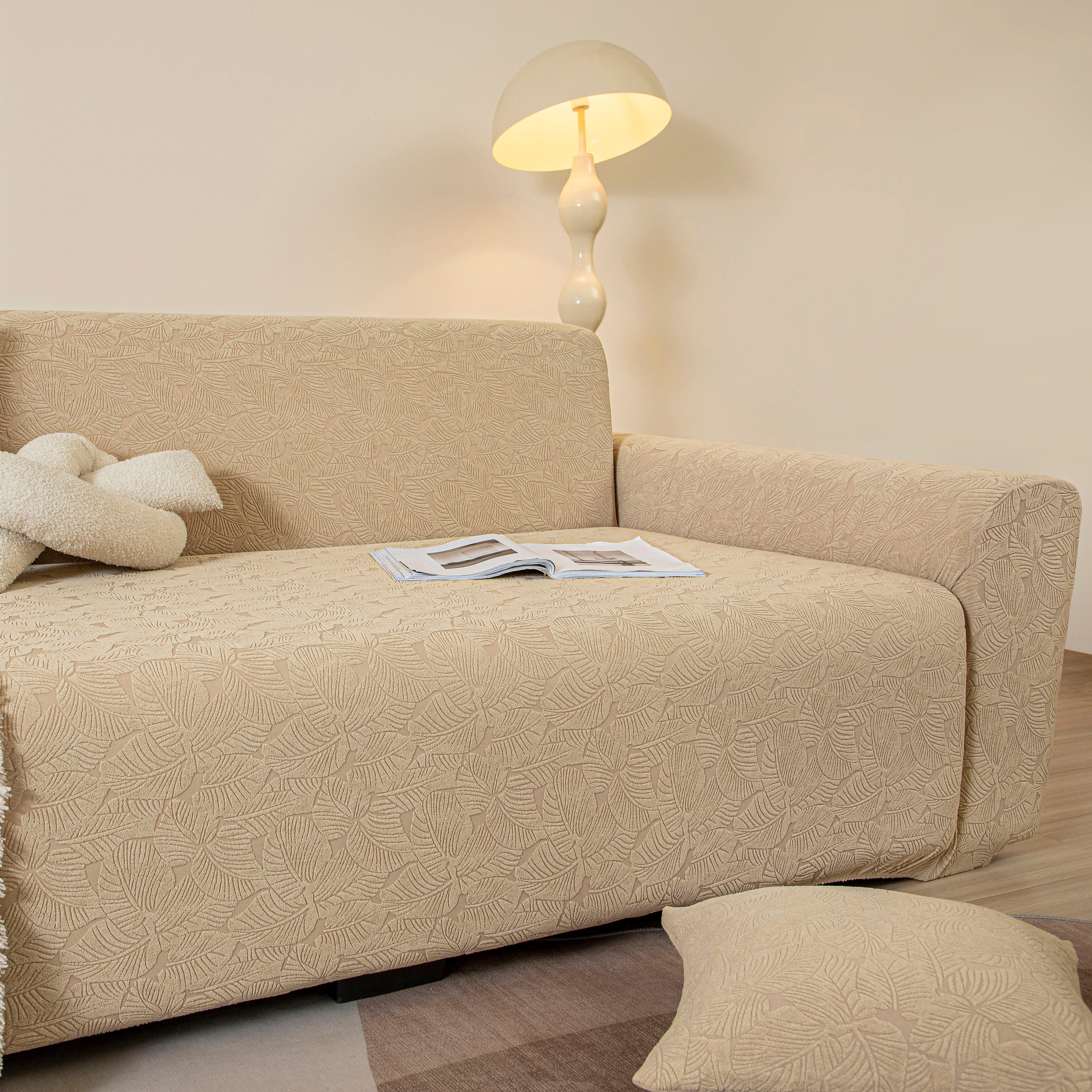 3D Jacquard Leaf Pattern Couch Slipcover, High Stretch Washable Textured Sofa Cover