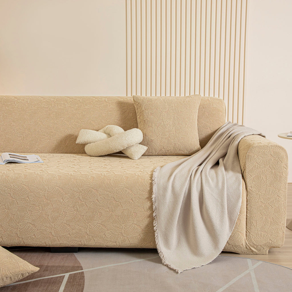 3D Jacquard Leaf Pattern Couch Slipcover, High Stretch Washable Textured Sofa Cover
