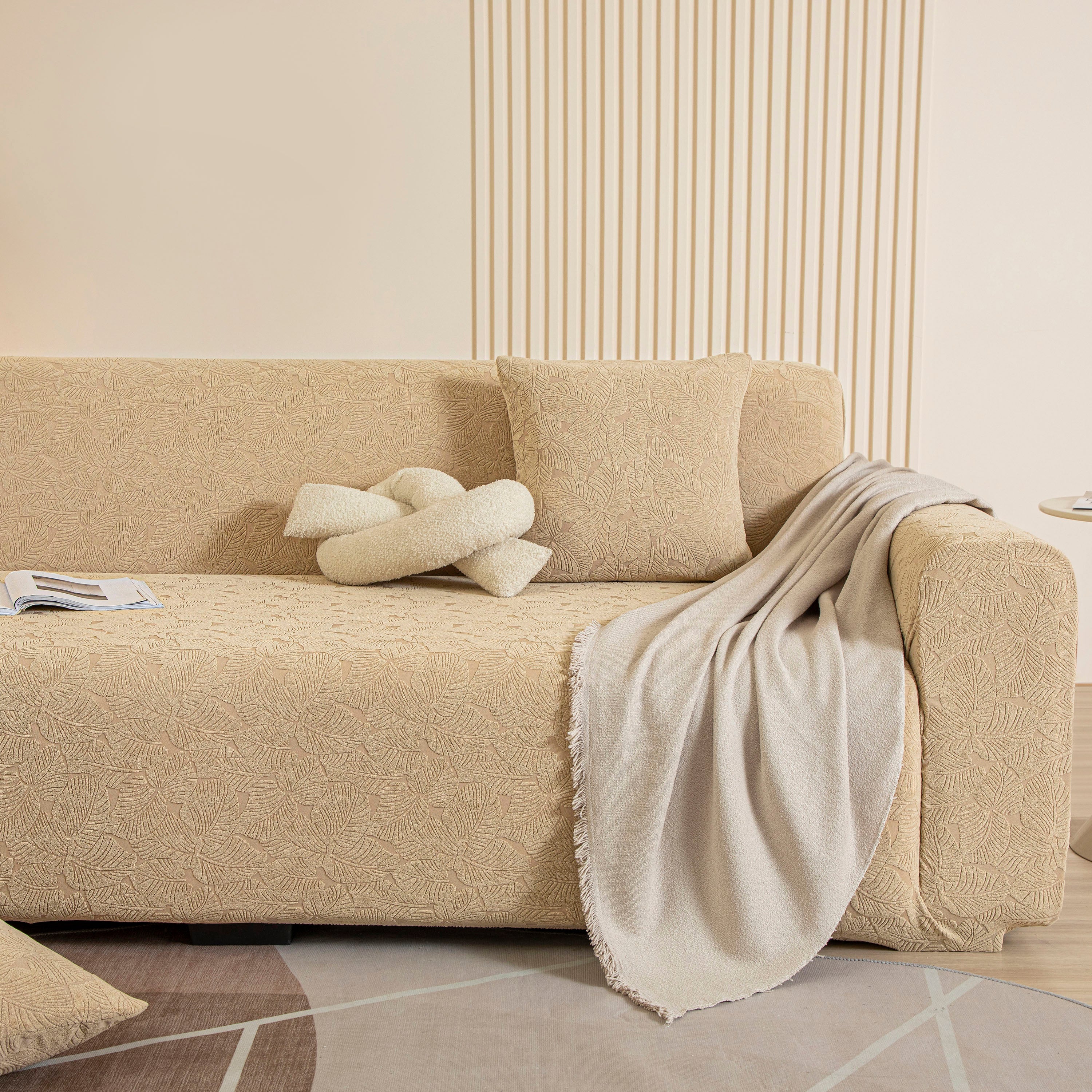 3D Jacquard Leaf Pattern Couch Slipcover, High Stretch Washable Textured Sofa Cover