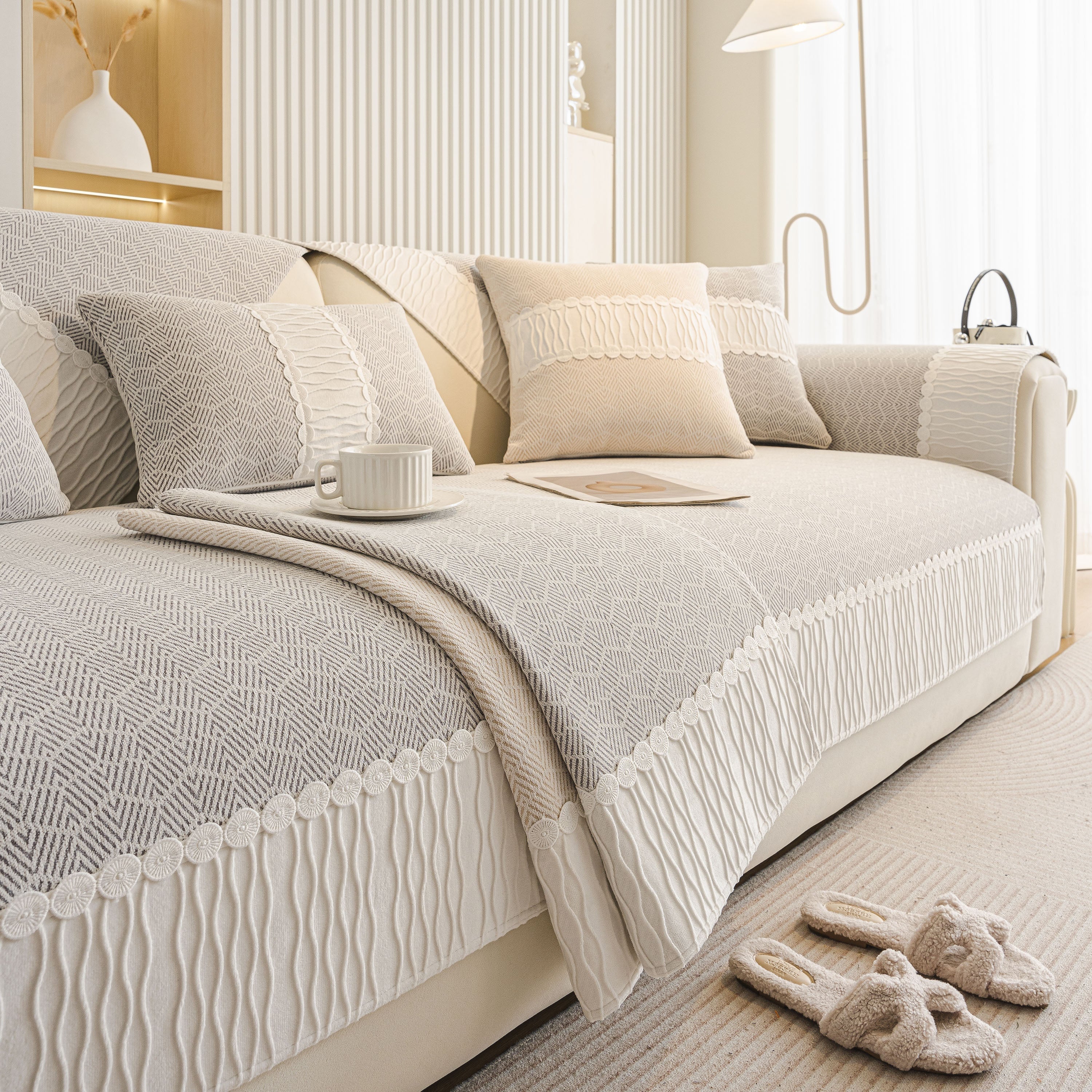 Herringbone Sofa Protector Cover, Non-Slip Couch Cover for Seat, Back & Arms