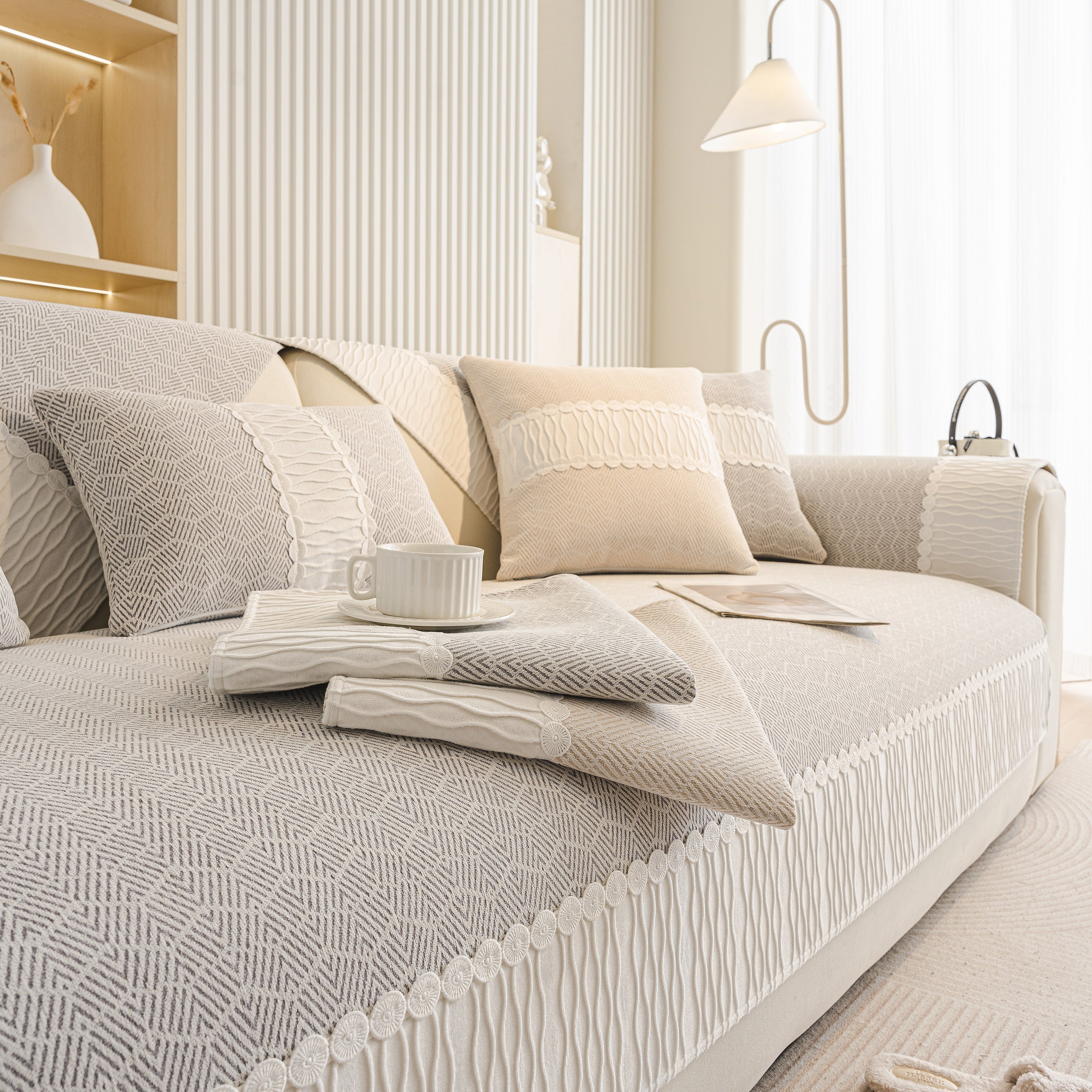 Herringbone Sofa Protector Cover, Non-Slip Couch Cover for Seat, Back & Arms