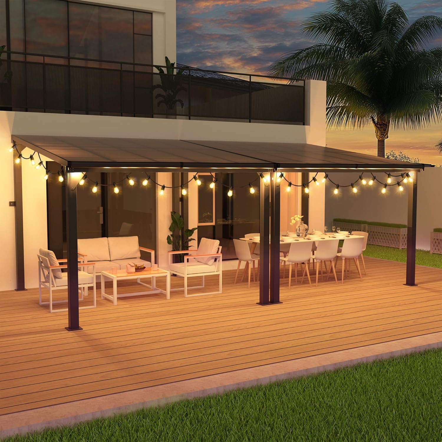 Pamapic Hardtop Lean to Gazebo with Polycarbonate Roof for patio, Deck