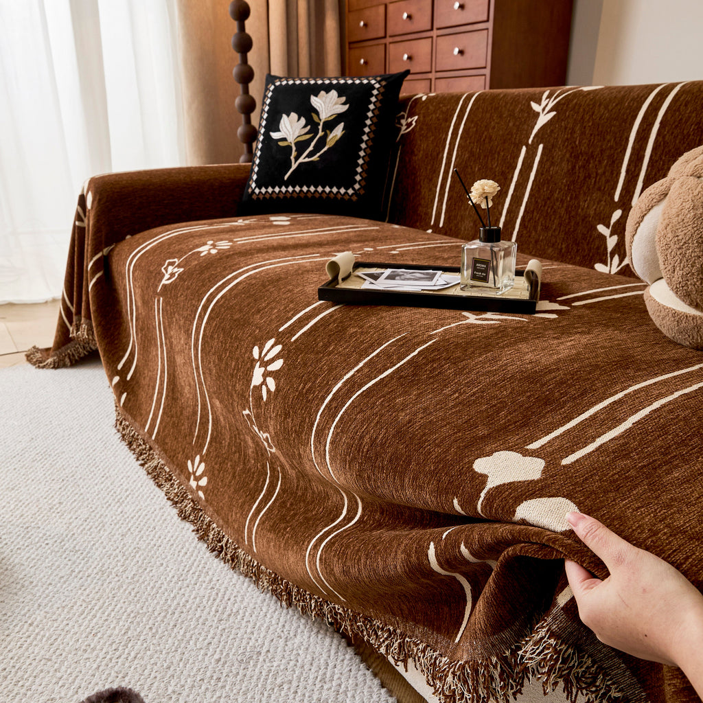 Chenille Jacquard Sofa Throw Cover with Tassel Soft Thick Couch Protector Blanket