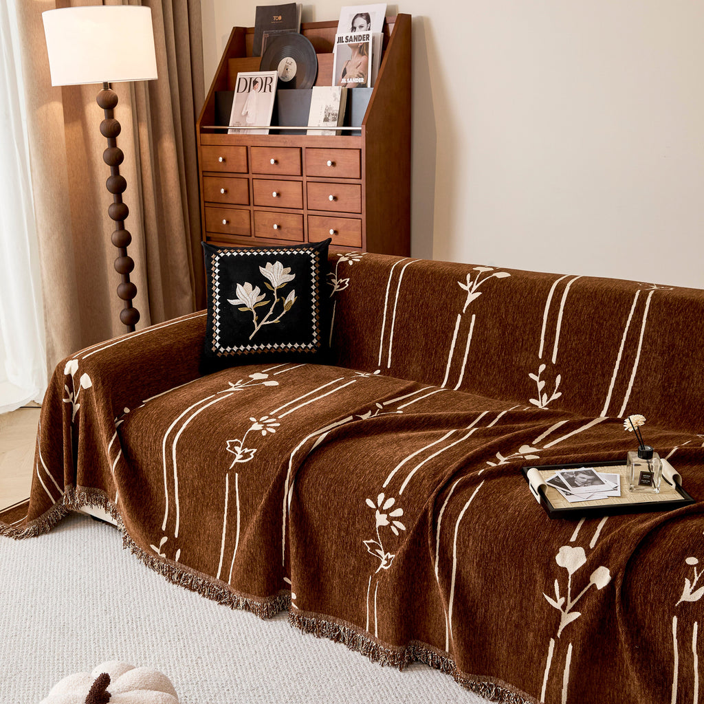Chenille Jacquard Sofa Throw Cover with Tassel Soft Thick Couch Protector Blanket