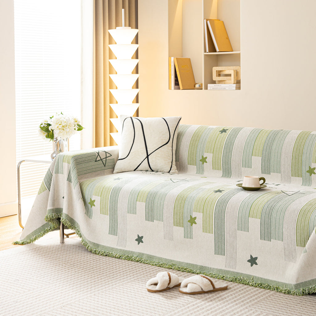 Geometric Chenille Sofa Throw Cover, Breathable Couch Protector with Tassel Fringe