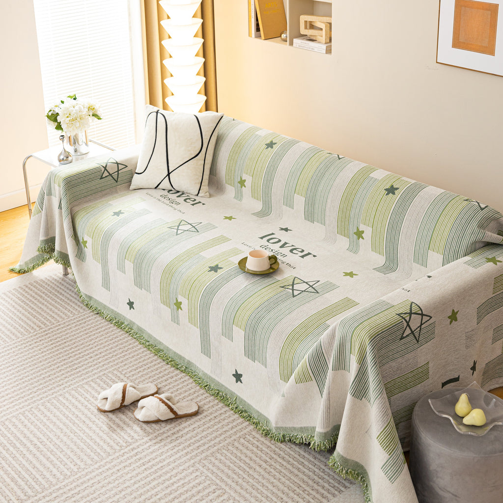 Geometric Chenille Sofa Throw Cover, Breathable Couch Protector with Tassel Fringe