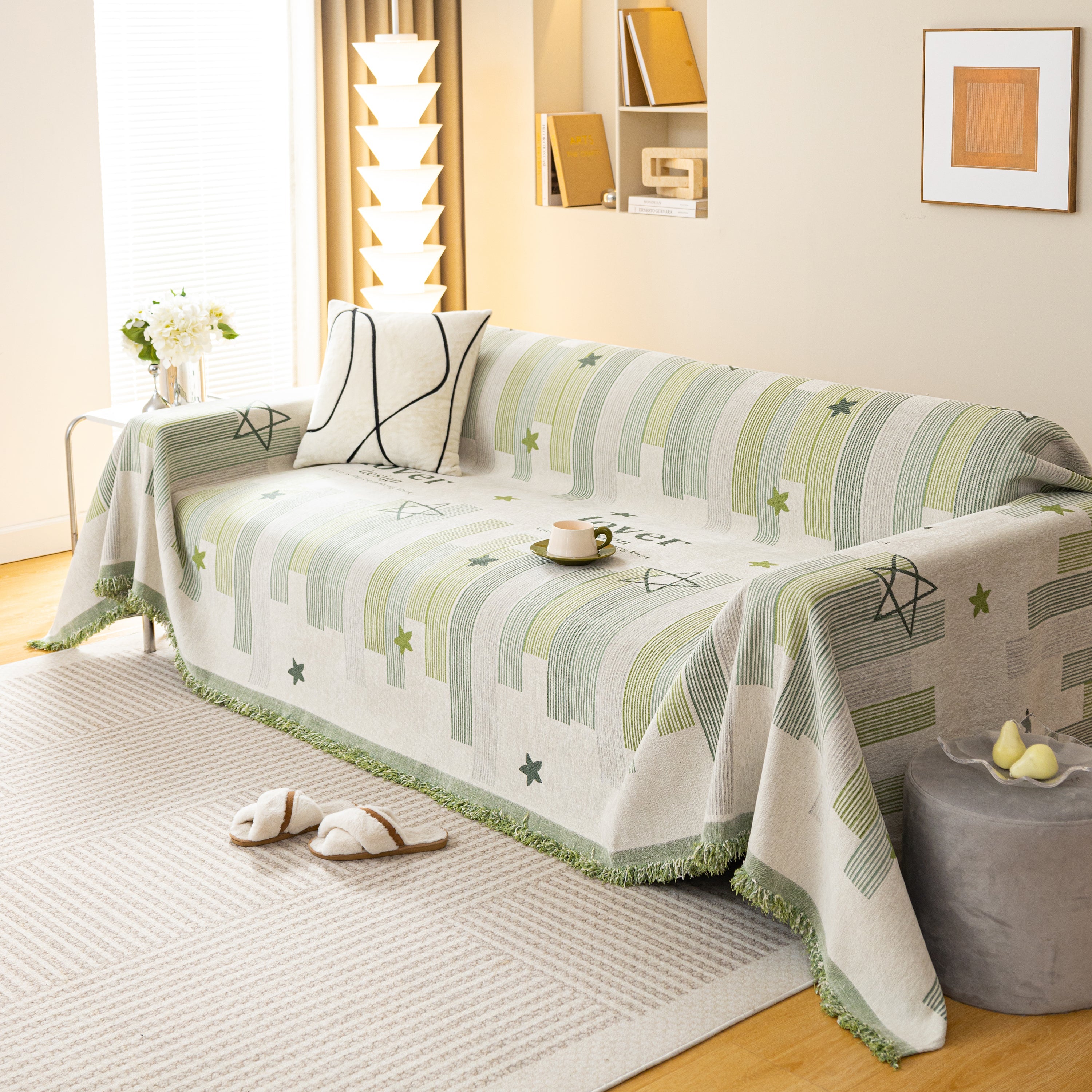 Geometric Chenille Sofa Throw Cover, Breathable Couch Protector with Tassel Fringe