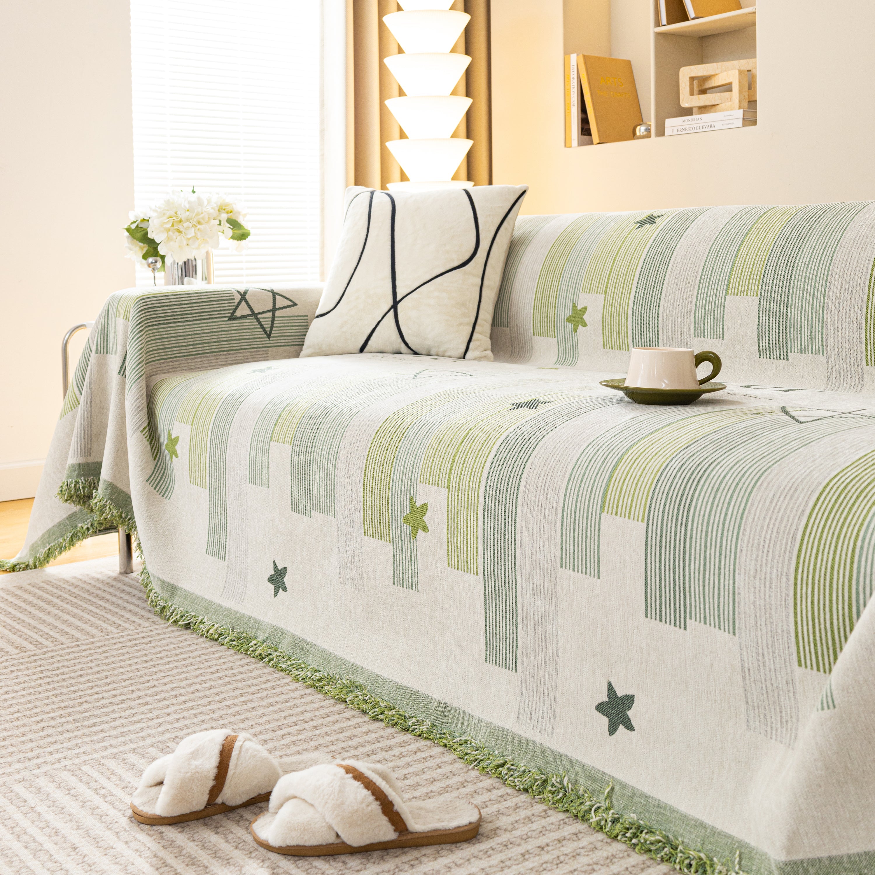 Geometric Chenille Sofa Throw Cover, Breathable Couch Protector with Tassel Fringe