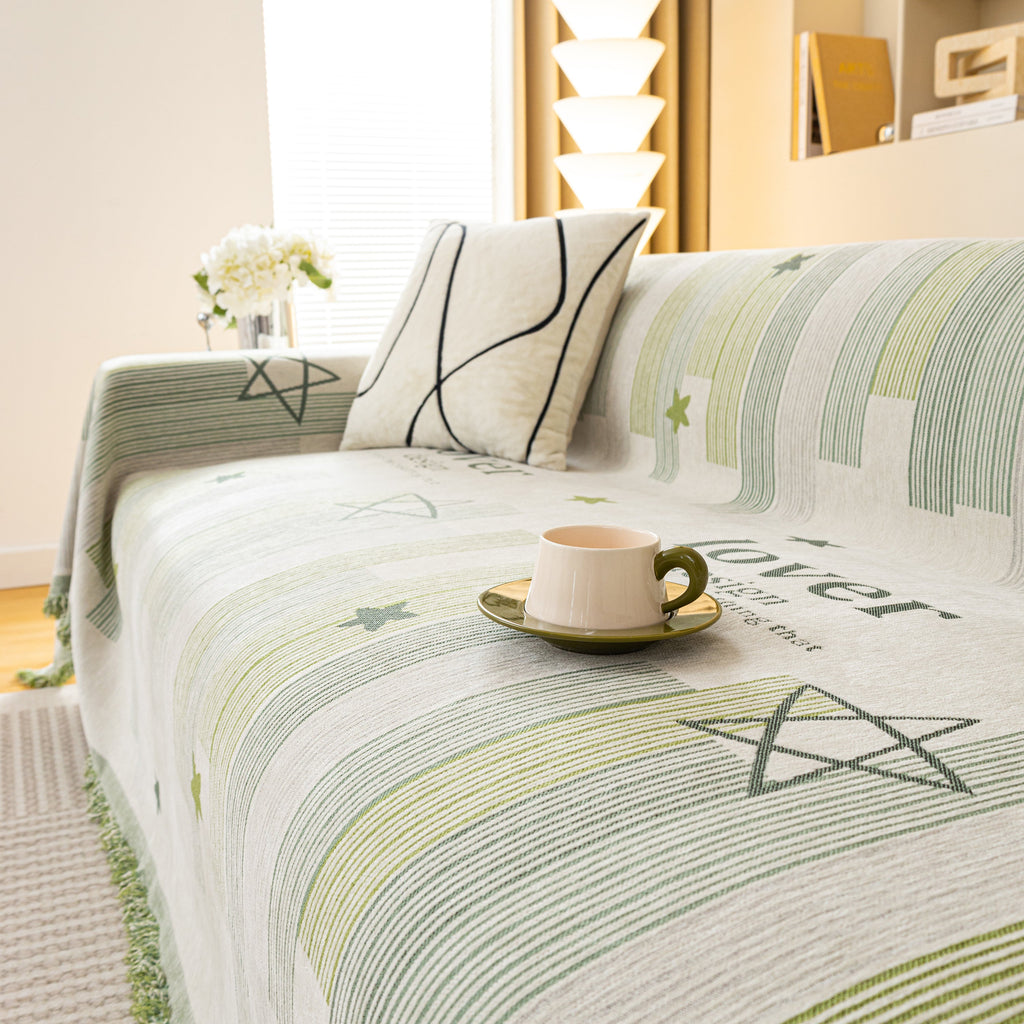 Geometric Chenille Sofa Throw Cover, Breathable Couch Protector with Tassel Fringe