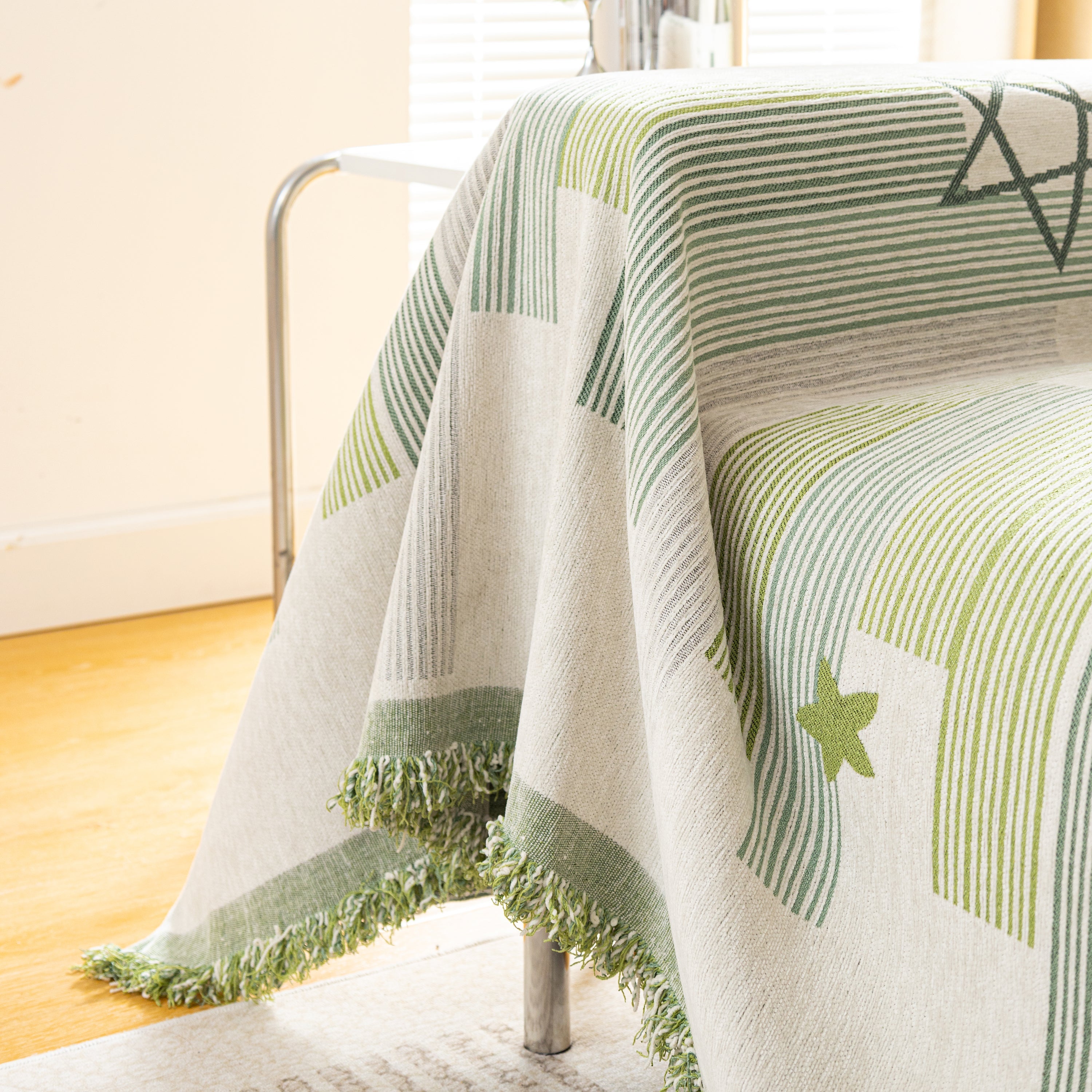 Geometric Chenille Sofa Throw Cover, Breathable Couch Protector with Tassel Fringe