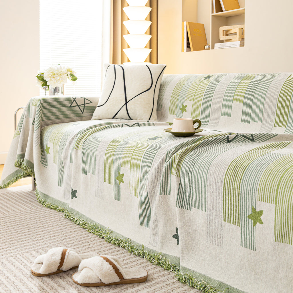 Geometric Chenille Sofa Throw Cover, Breathable Couch Protector with Tassel Fringe