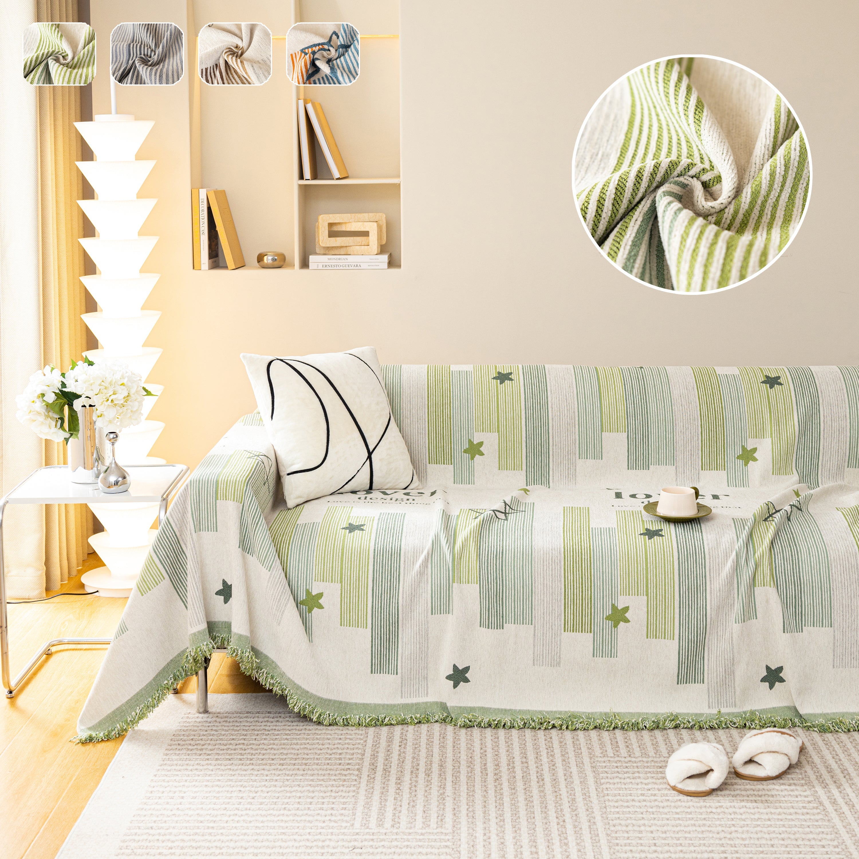 Geometric Chenille Sofa Throw Cover, Breathable Couch Protector with Tassel Fringe