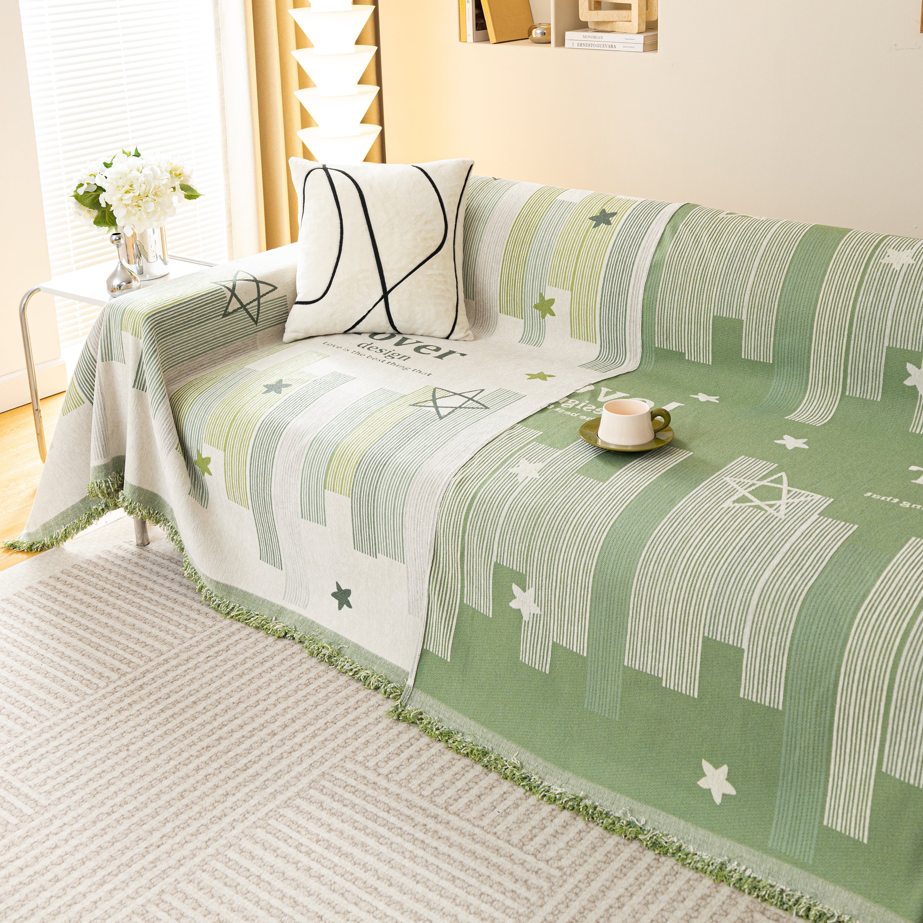 Geometric Chenille Sofa Throw Cover, Breathable Couch Protector with Tassel Fringe