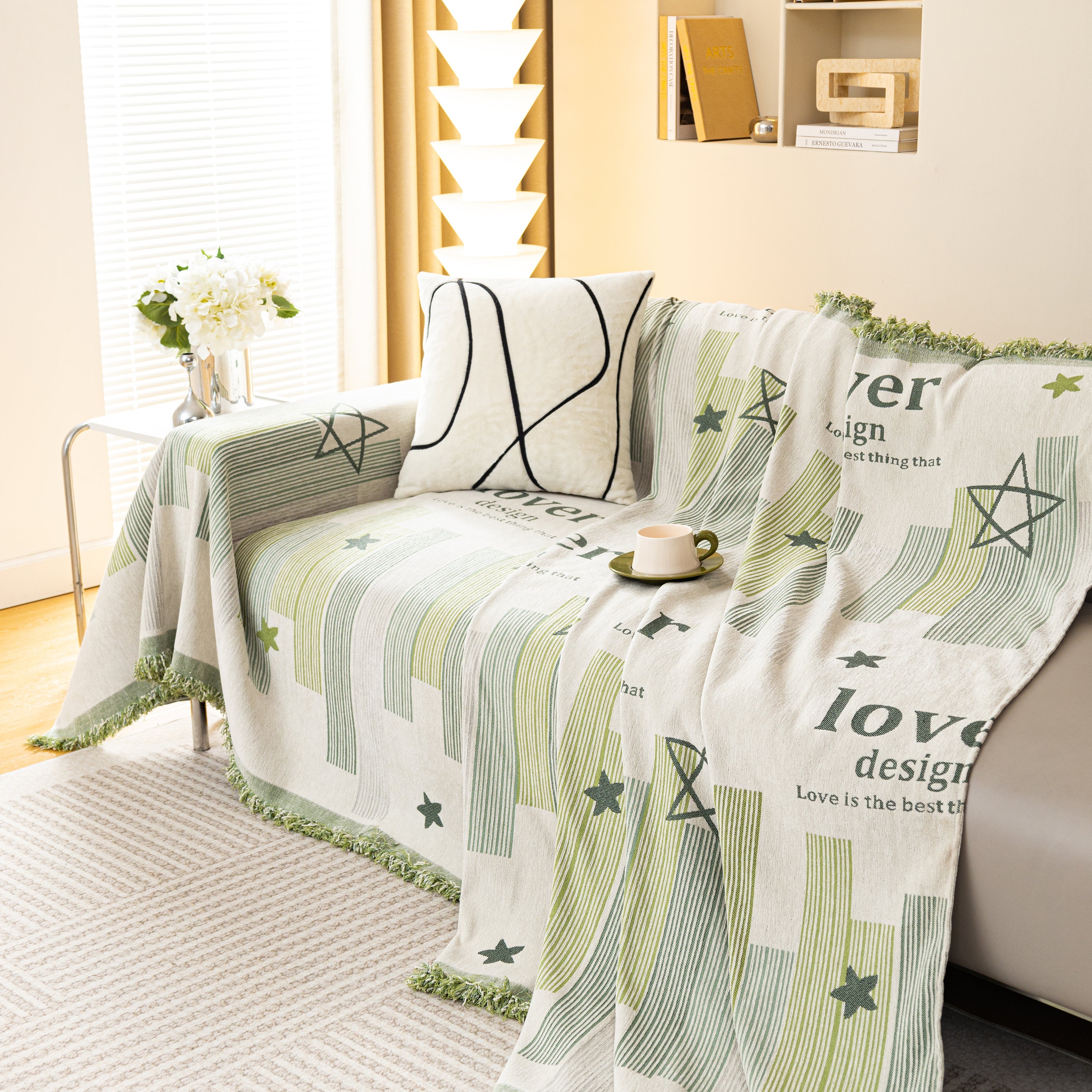 Geometric Chenille Sofa Throw Cover, Breathable Couch Protector with Tassel Fringe