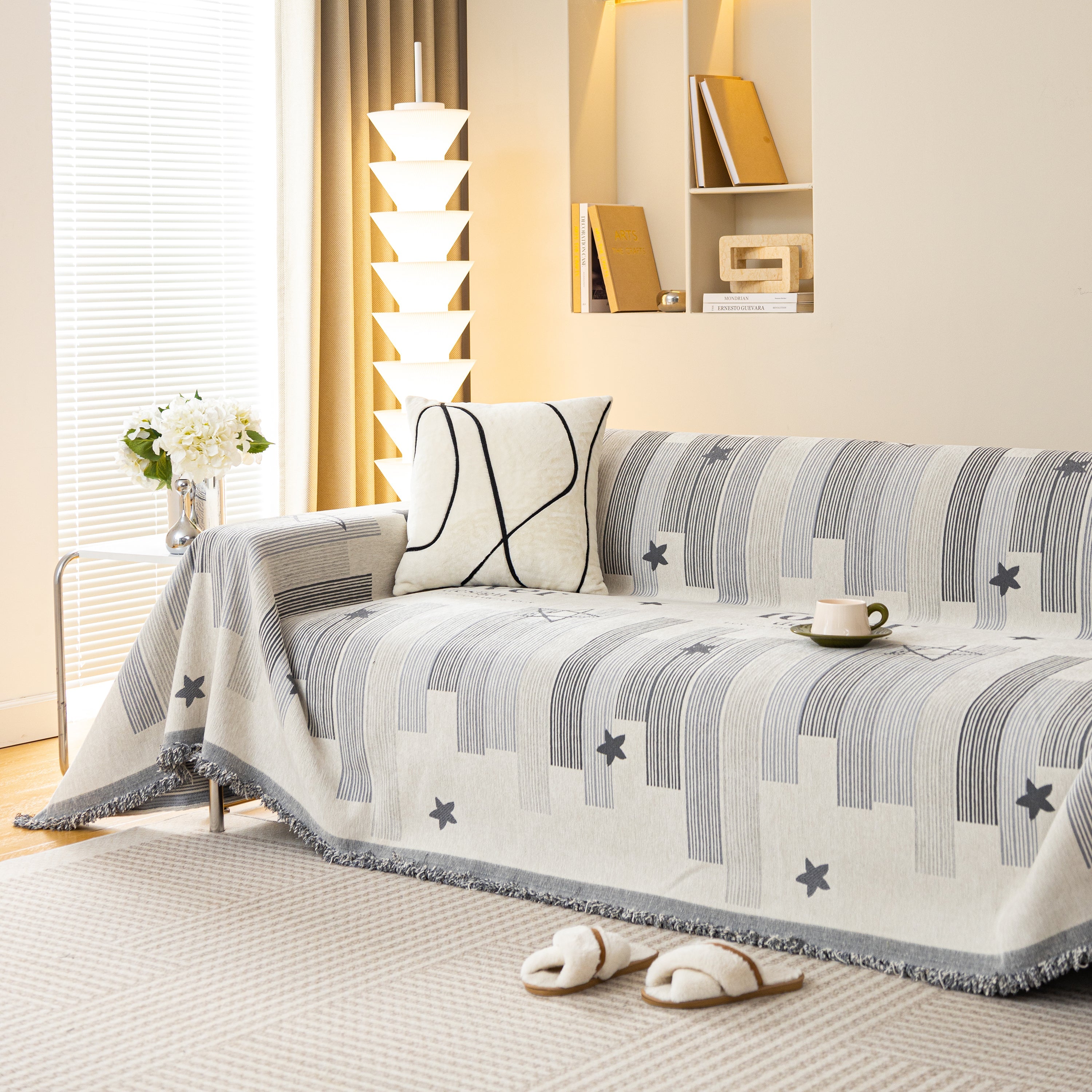 Geometric Chenille Sofa Throw Cover, Breathable Couch Protector with Tassel Fringe