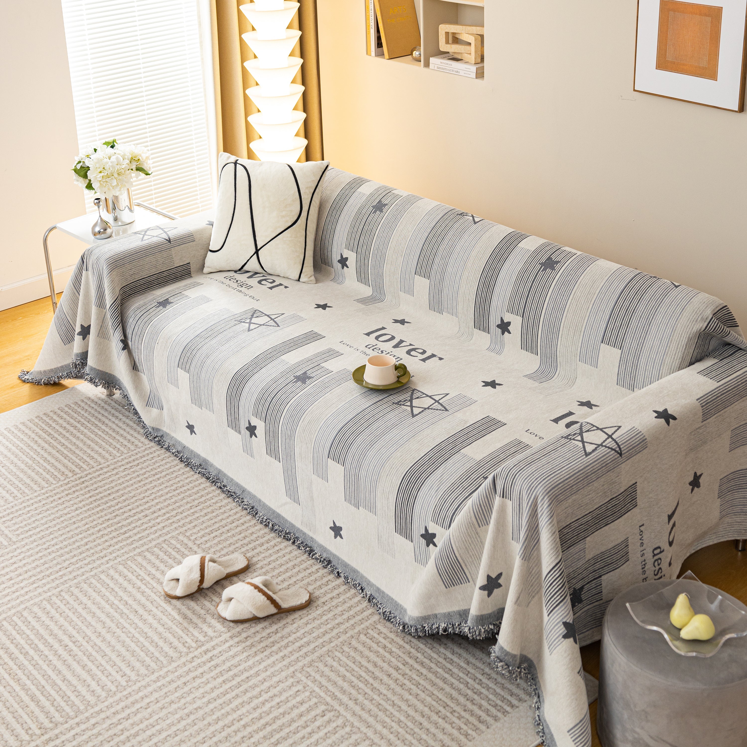 Geometric Chenille Sofa Throw Cover, Breathable Couch Protector with Tassel Fringe