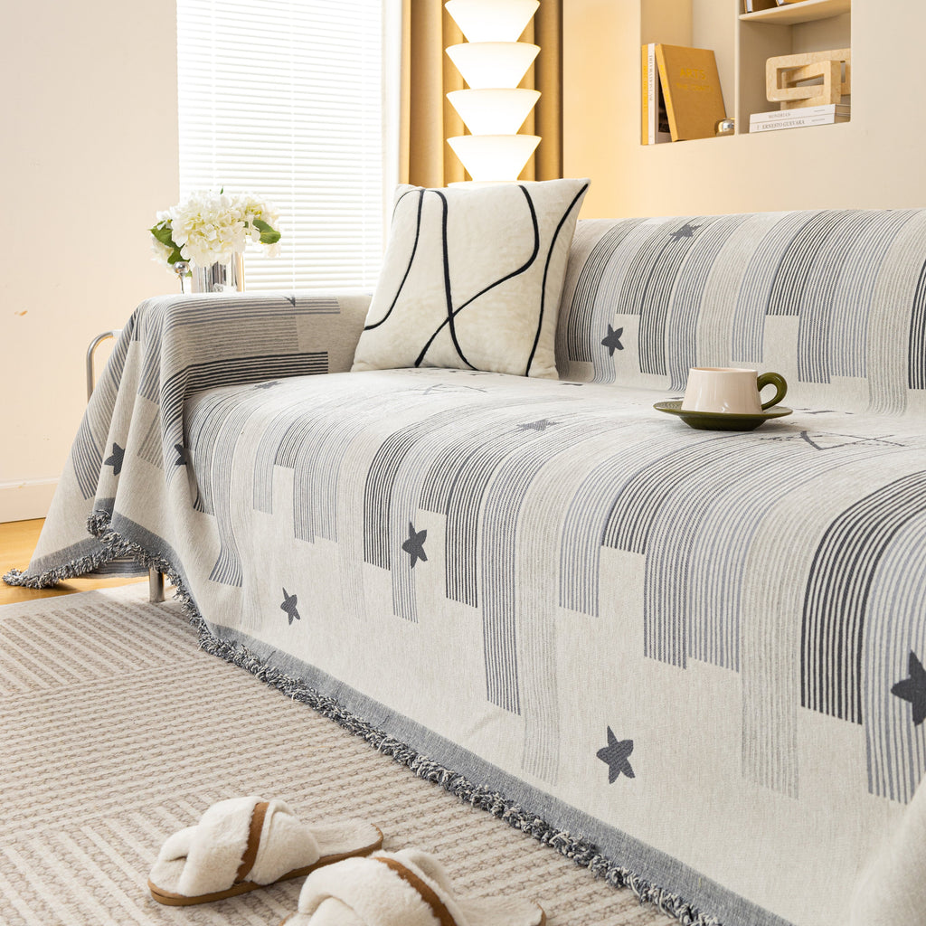 Geometric Chenille Sofa Throw Cover, Breathable Couch Protector with Tassel Fringe