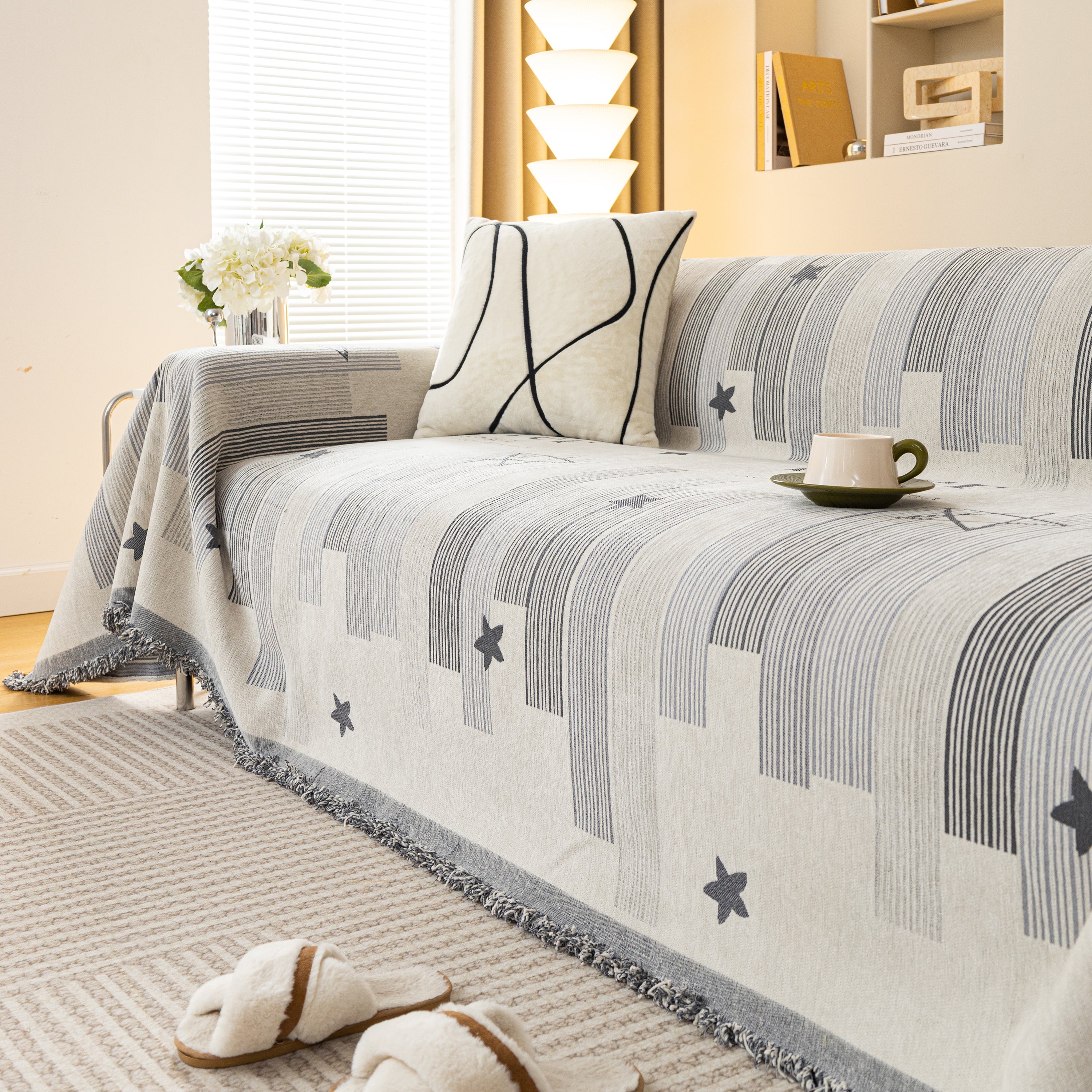 Geometric Chenille Sofa Throw Cover, Breathable Couch Protector with Tassel Fringe