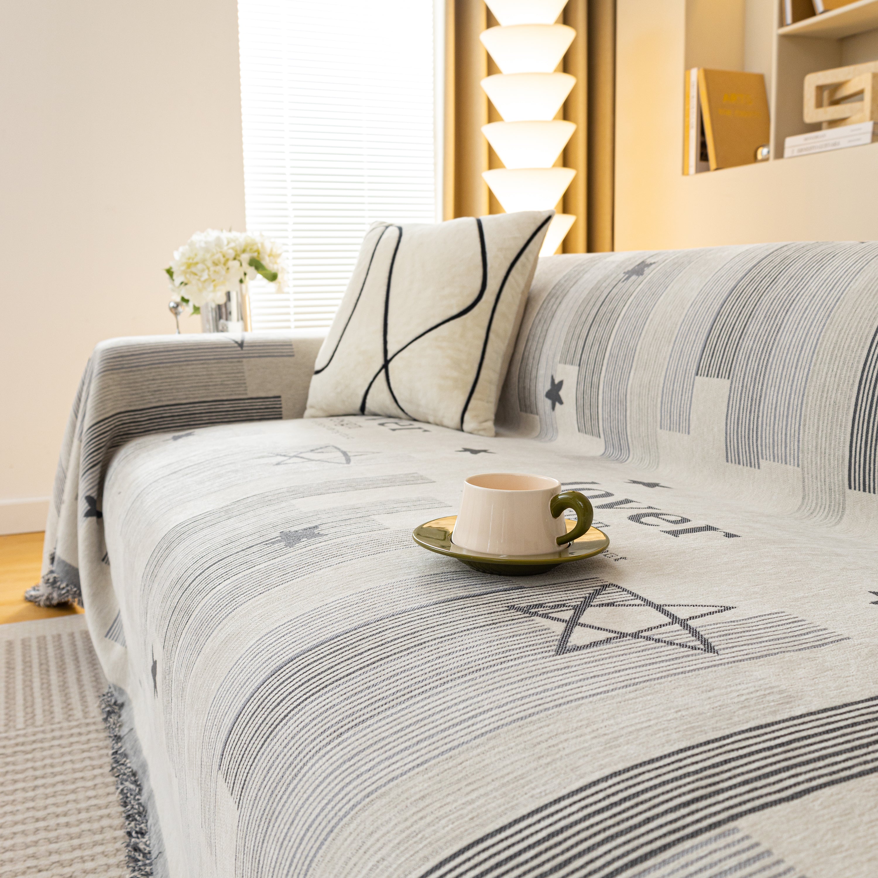 Geometric Chenille Sofa Throw Cover, Breathable Couch Protector with Tassel Fringe