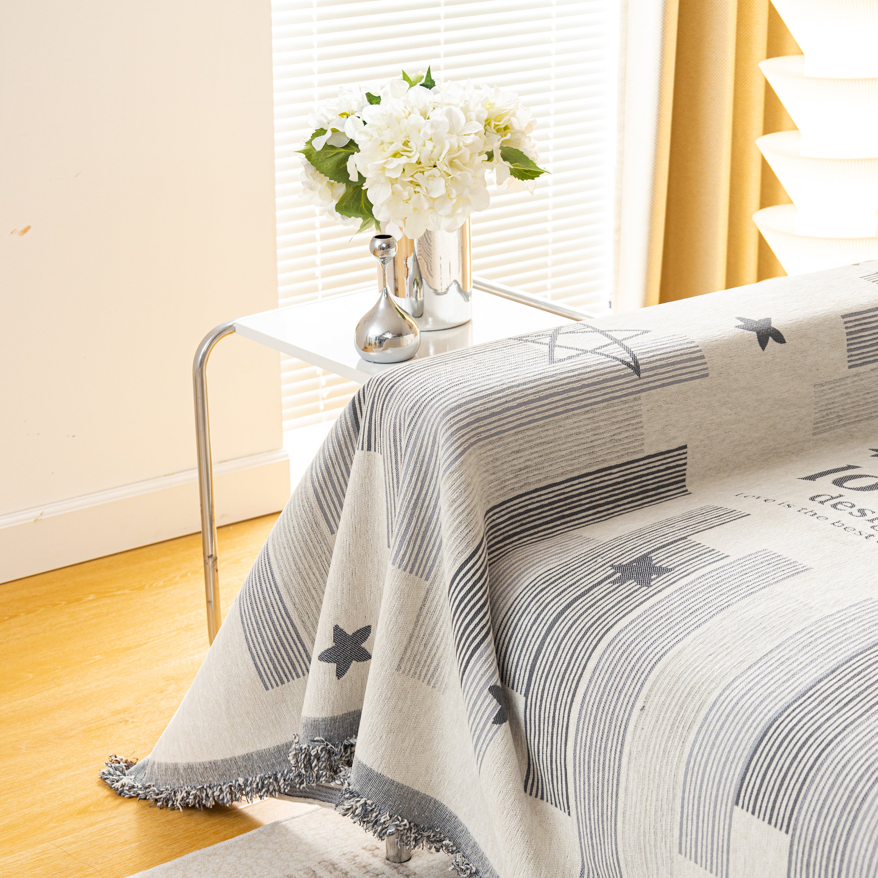 Geometric Chenille Sofa Throw Cover, Breathable Couch Protector with Tassel Fringe