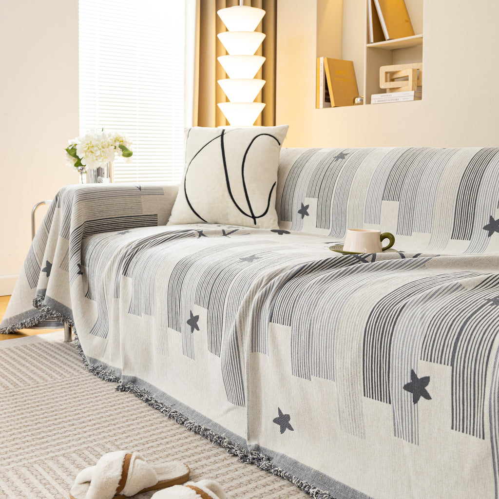 Geometric Chenille Sofa Throw Cover, Breathable Couch Protector with Tassel Fringe