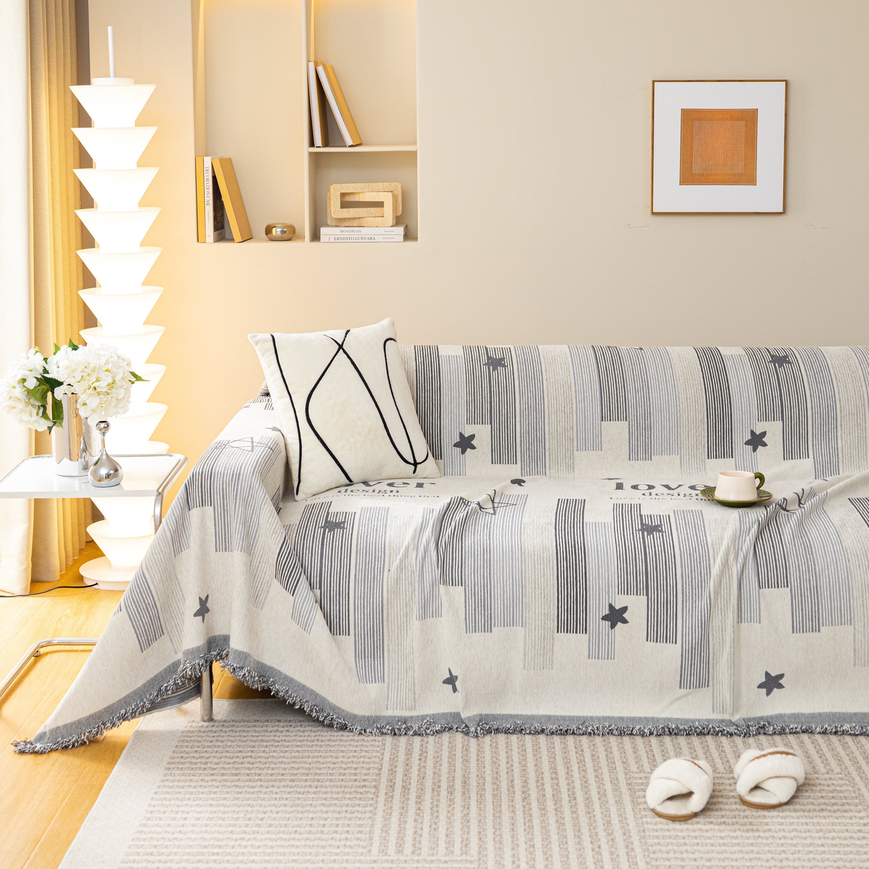 Geometric Chenille Sofa Throw Cover, Breathable Couch Protector with Tassel Fringe