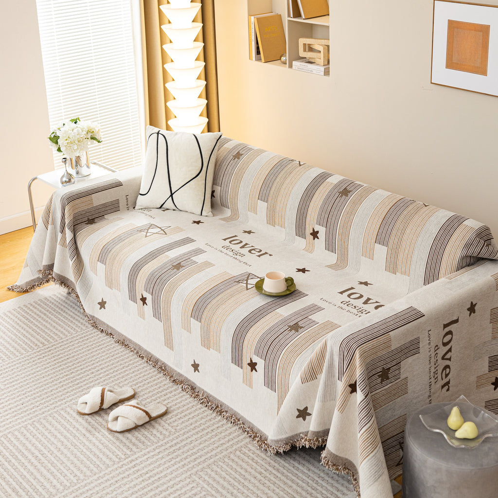 Geometric Chenille Sofa Throw Cover, Breathable Couch Protector with Tassel Fringe