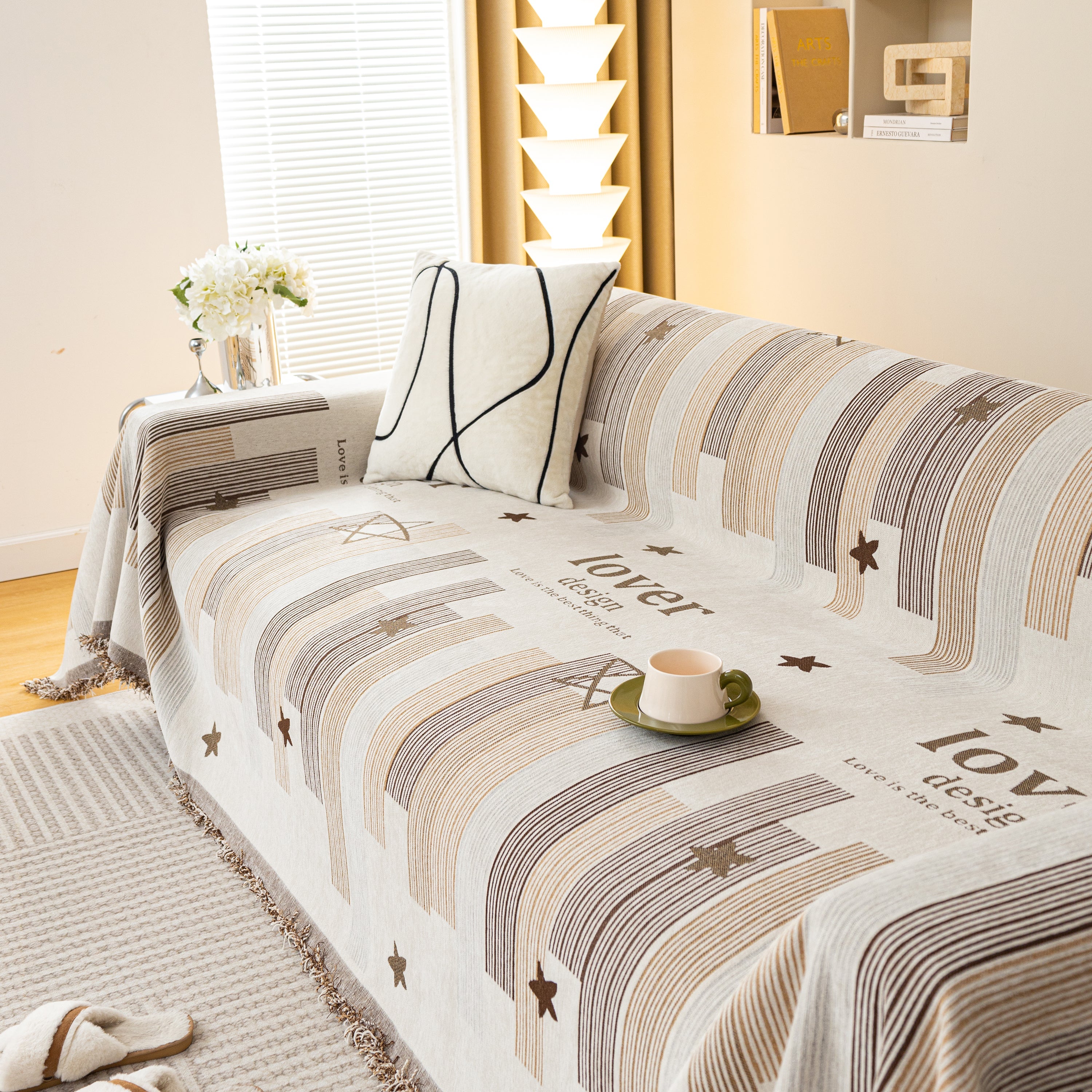 Geometric Chenille Sofa Throw Cover, Breathable Couch Protector with Tassel Fringe