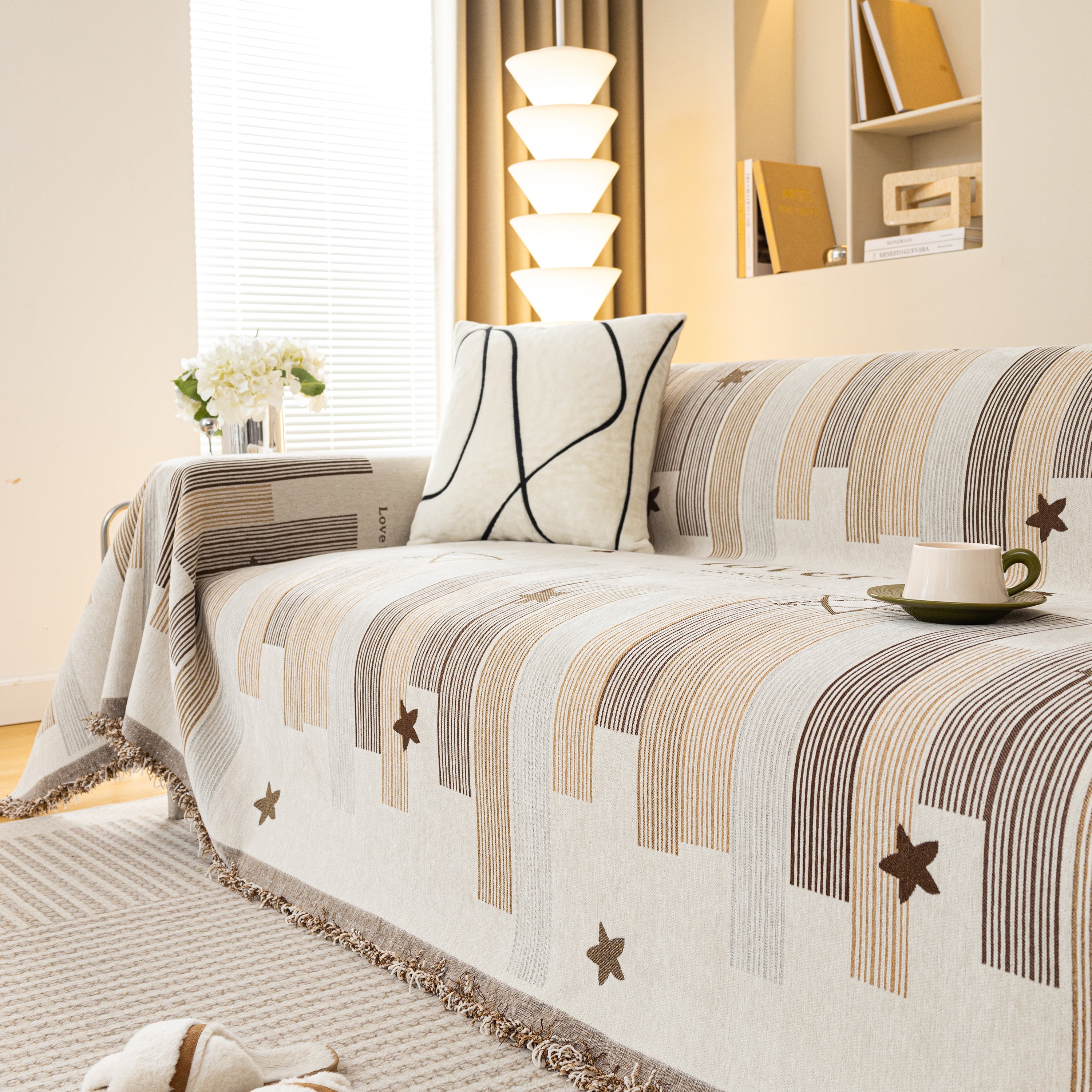 Geometric Chenille Sofa Throw Cover, Breathable Couch Protector with Tassel Fringe