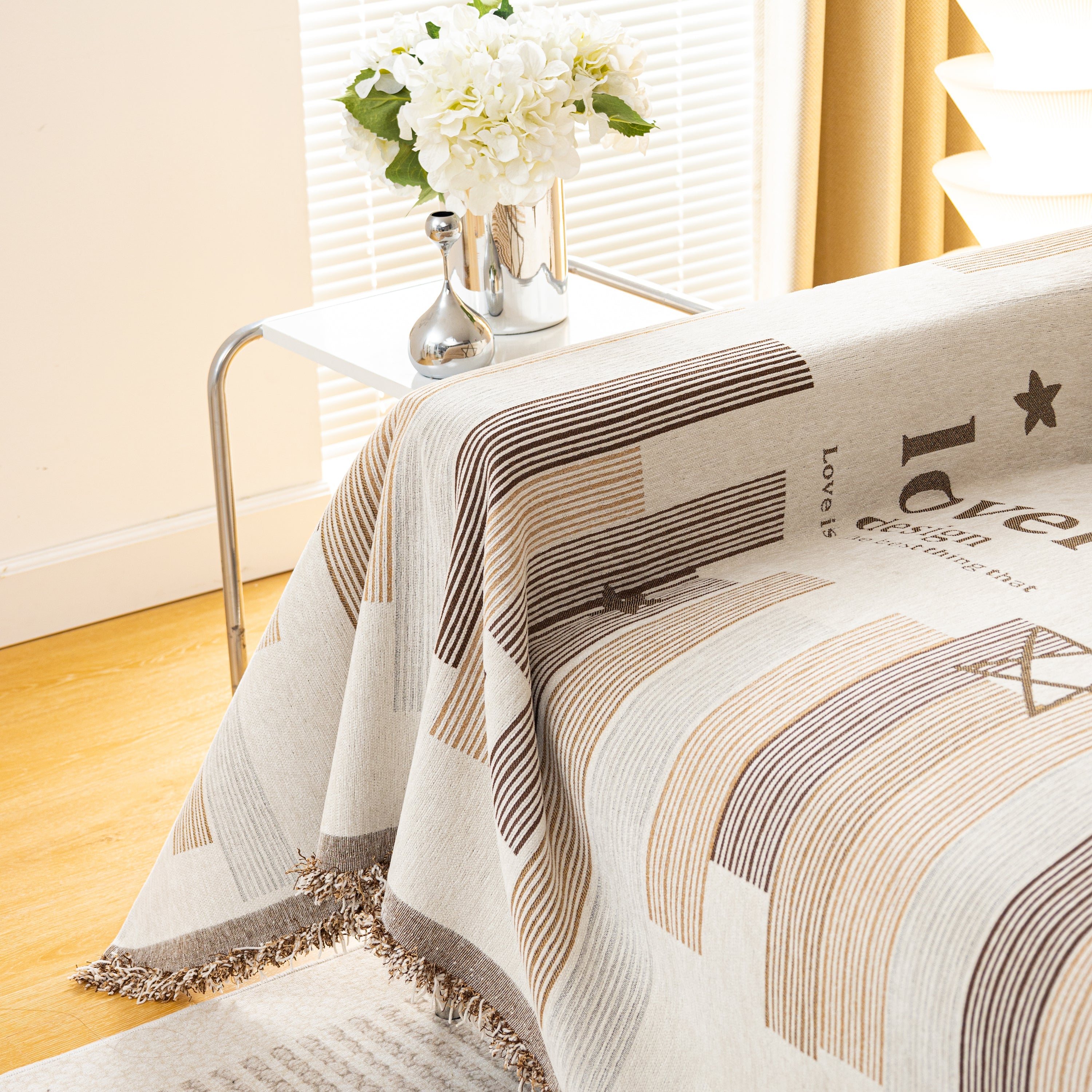 Geometric Chenille Sofa Throw Cover, Breathable Couch Protector with Tassel Fringe