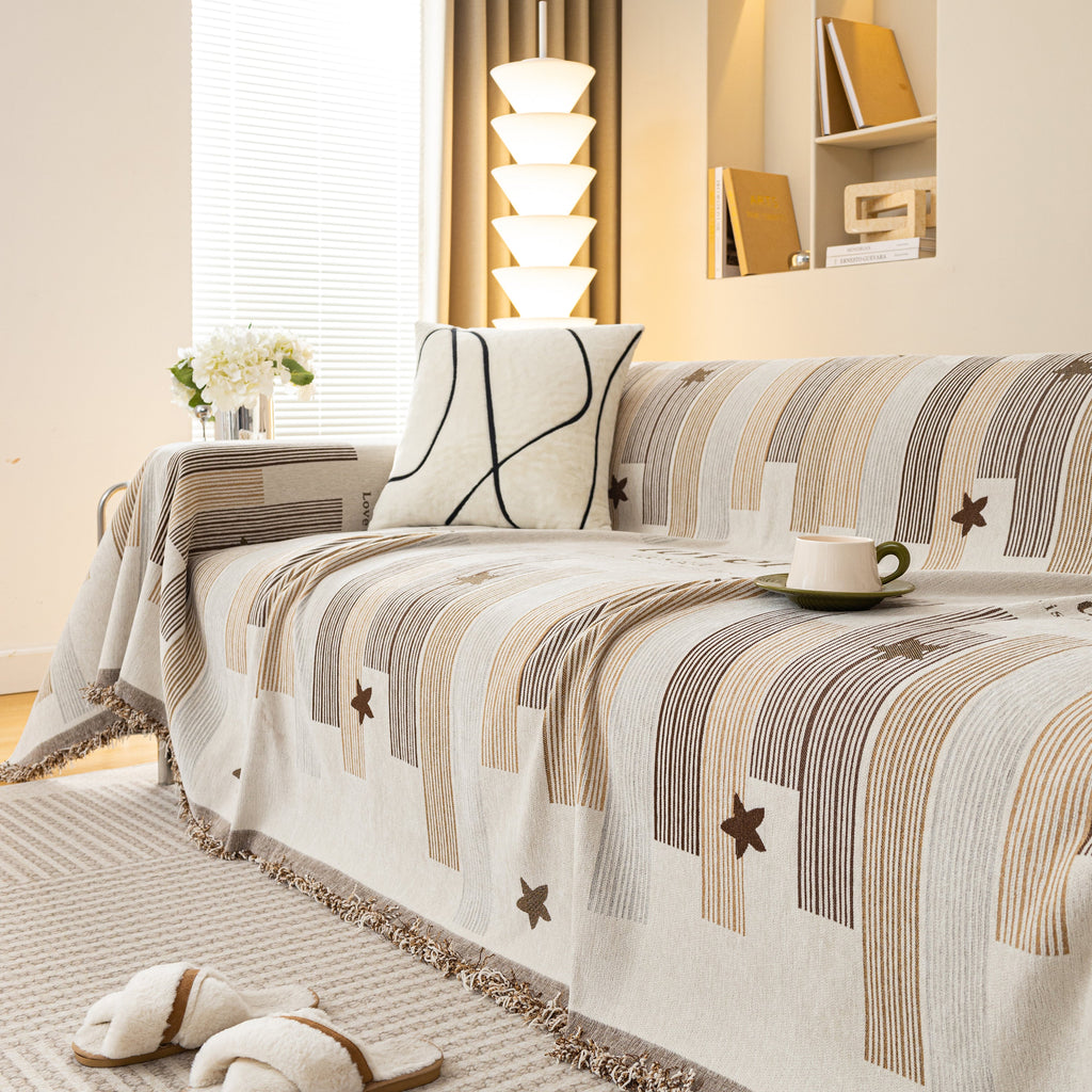 Geometric Chenille Sofa Throw Cover, Breathable Couch Protector with Tassel Fringe