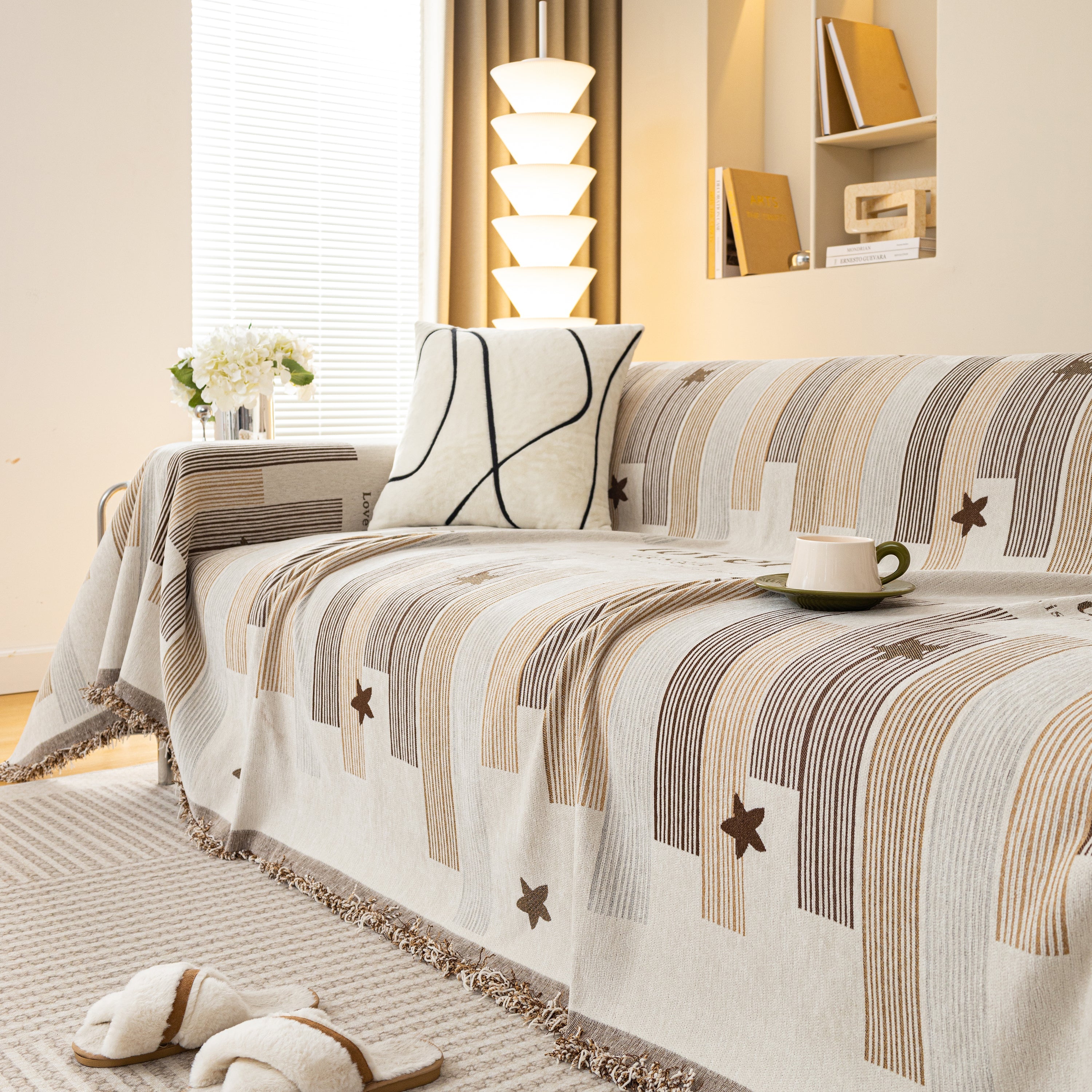 Geometric Chenille Sofa Throw Cover, Breathable Couch Protector with Tassel Fringe