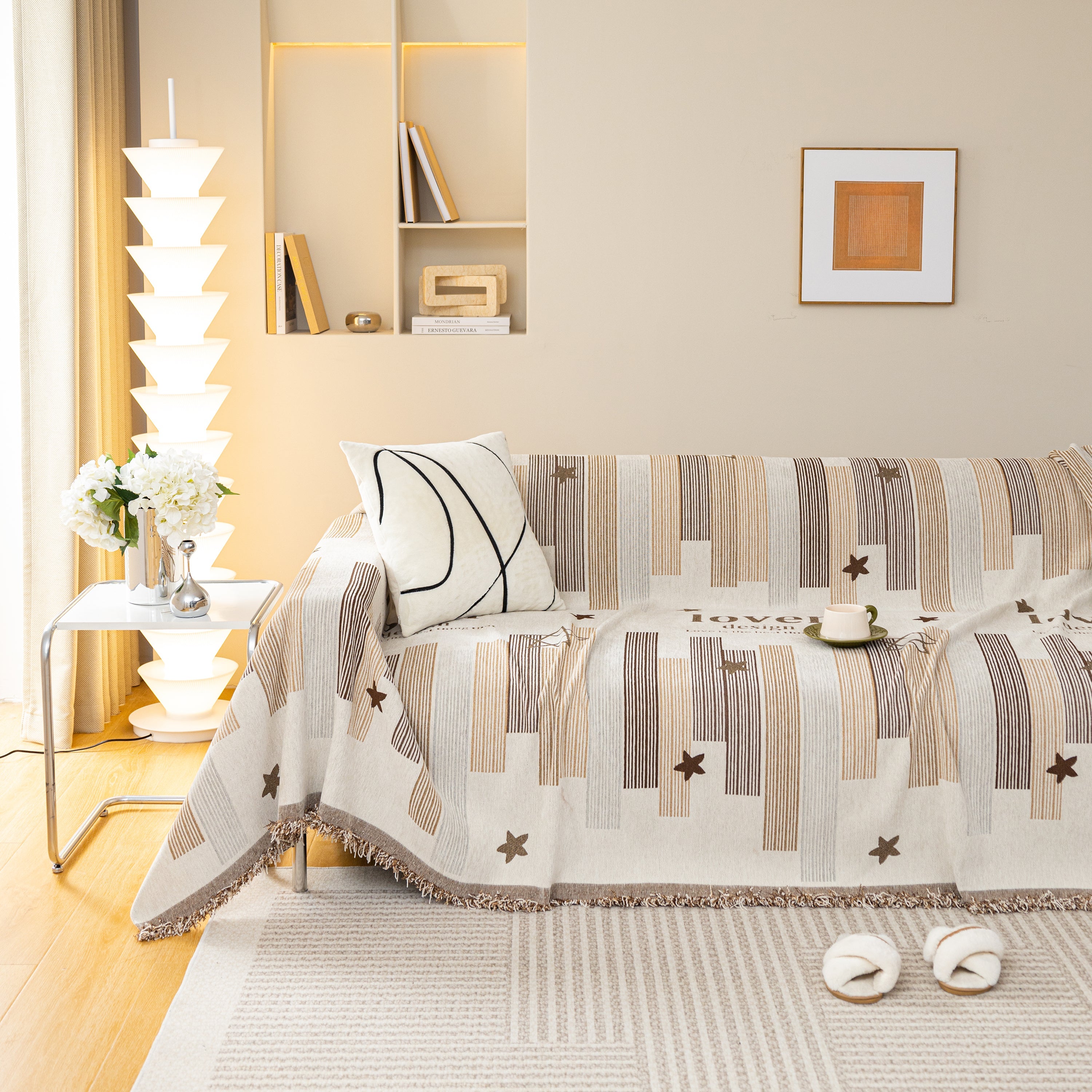 Geometric Chenille Sofa Throw Cover, Breathable Couch Protector with Tassel Fringe