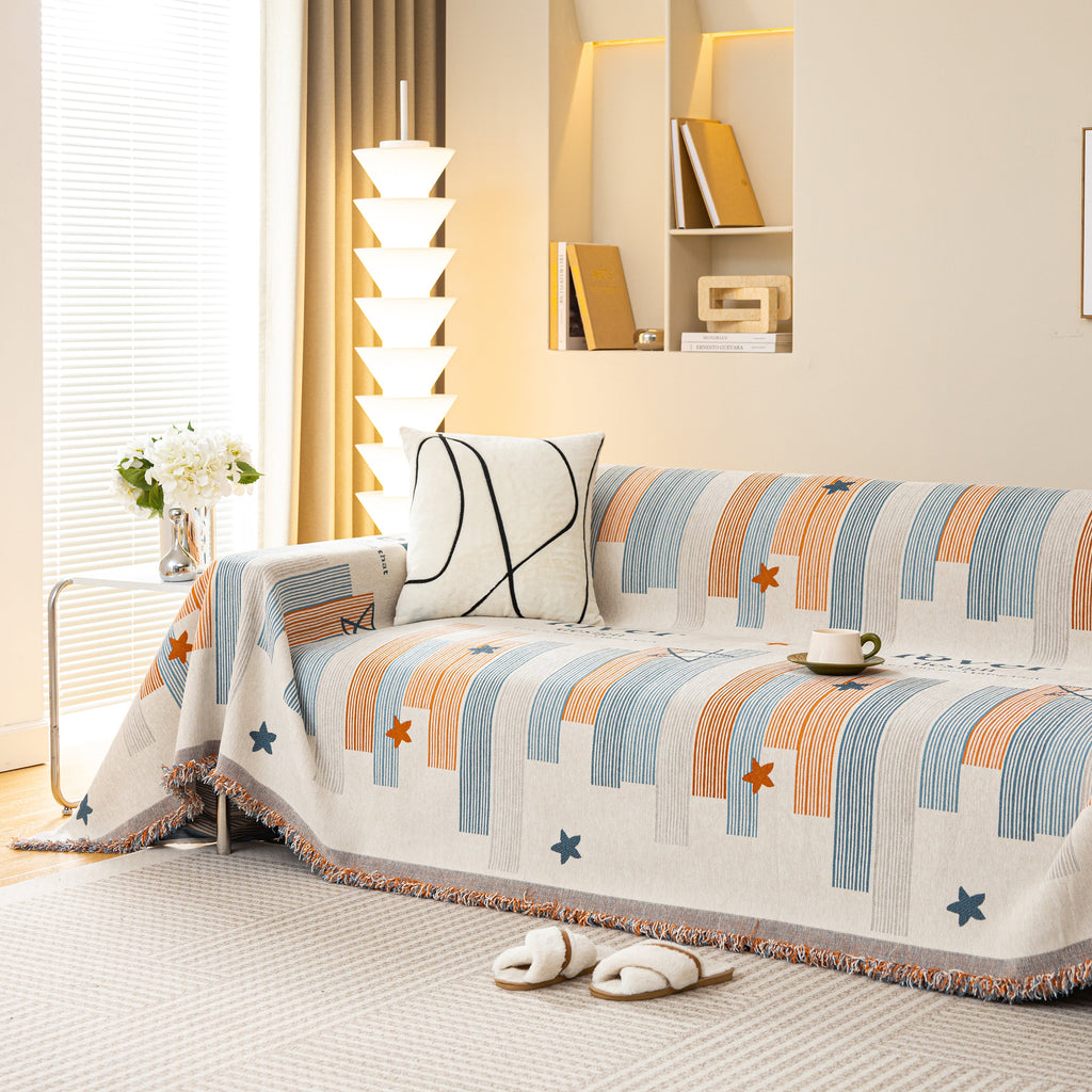 Geometric Chenille Sofa Throw Cover, Breathable Couch Protector with Tassel Fringe