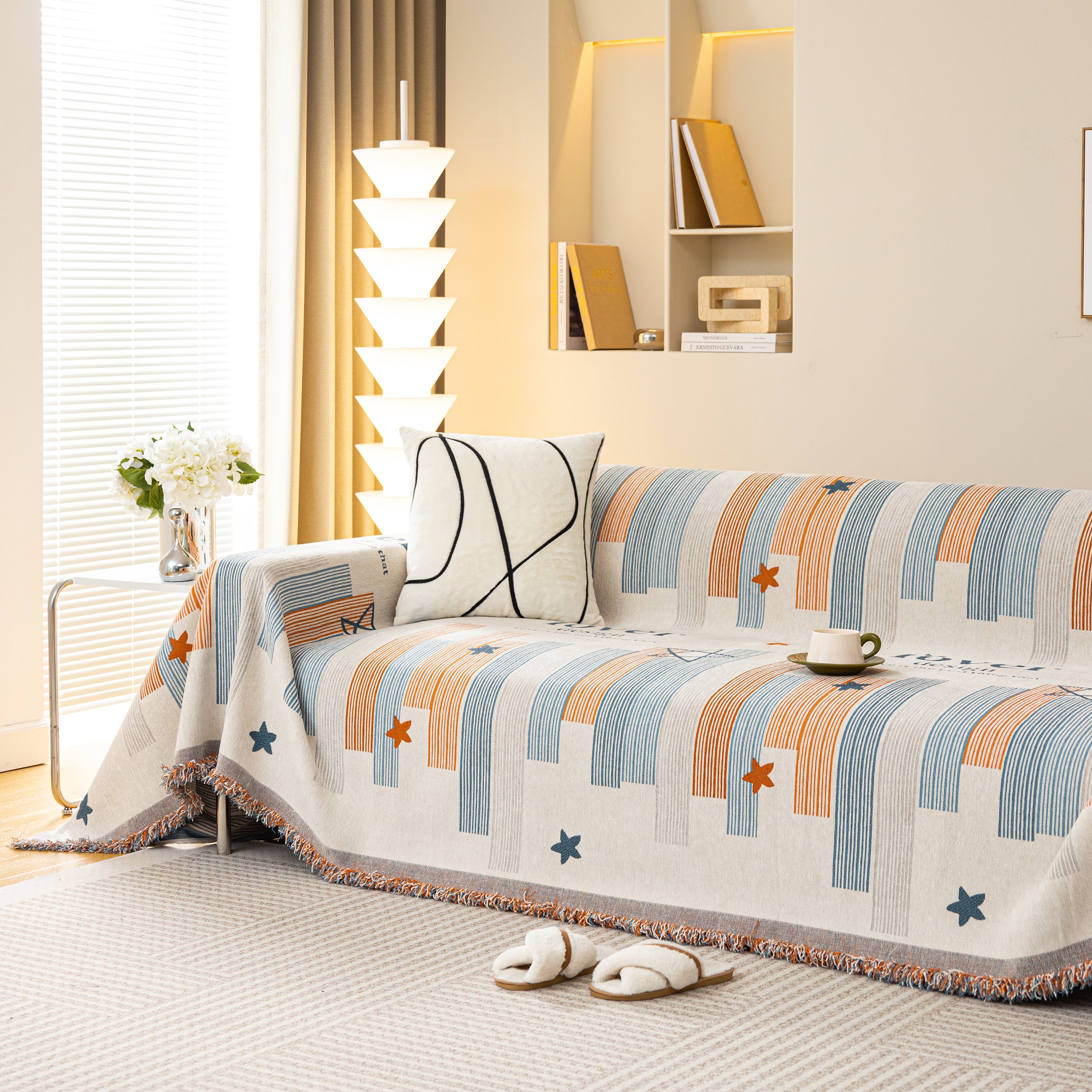 Geometric Chenille Sofa Throw Cover, Breathable Couch Protector with Tassel Fringe