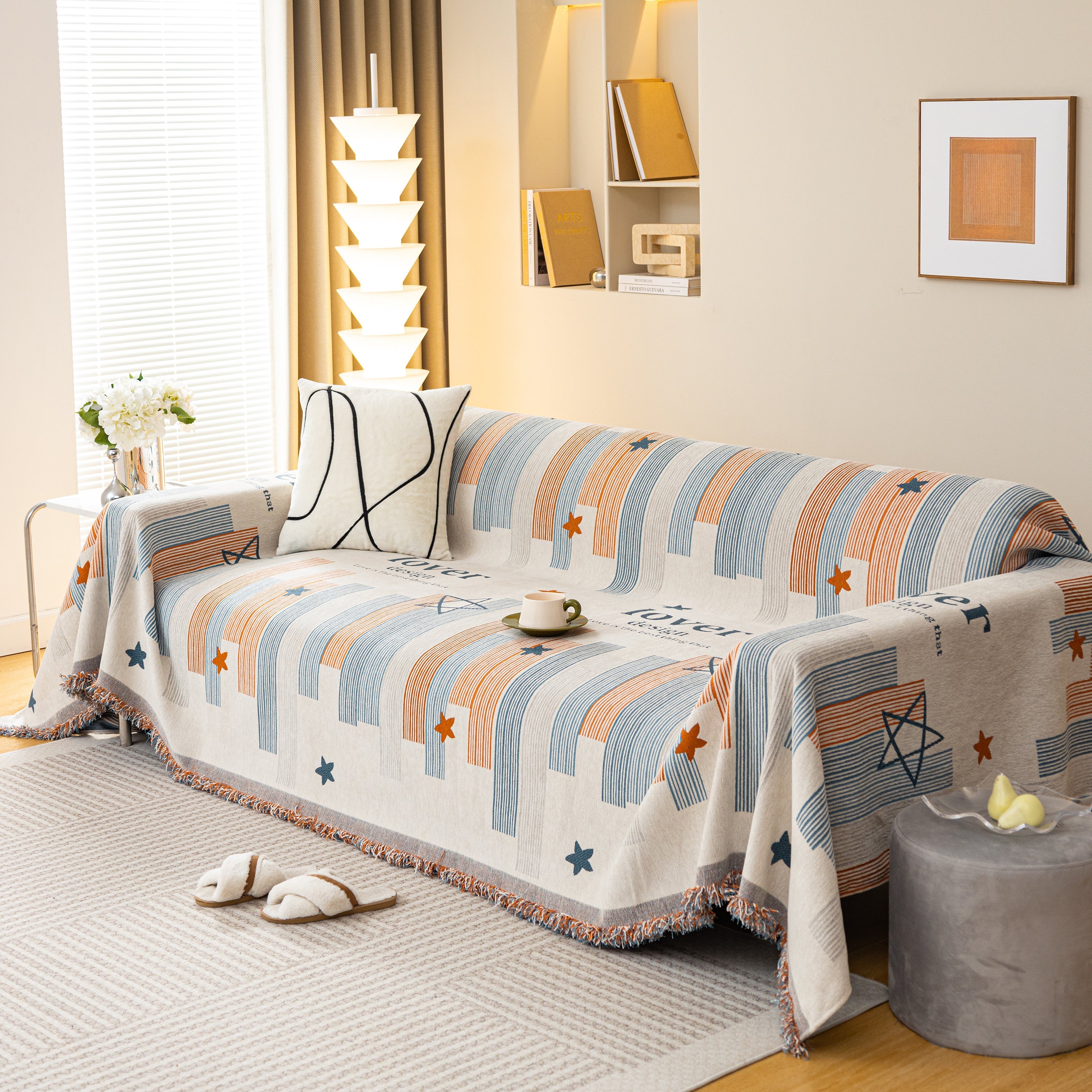 Geometric Chenille Sofa Throw Cover, Breathable Couch Protector with Tassel Fringe