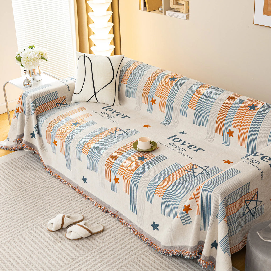 Geometric Chenille Sofa Throw Cover, Breathable Couch Protector with Tassel Fringe