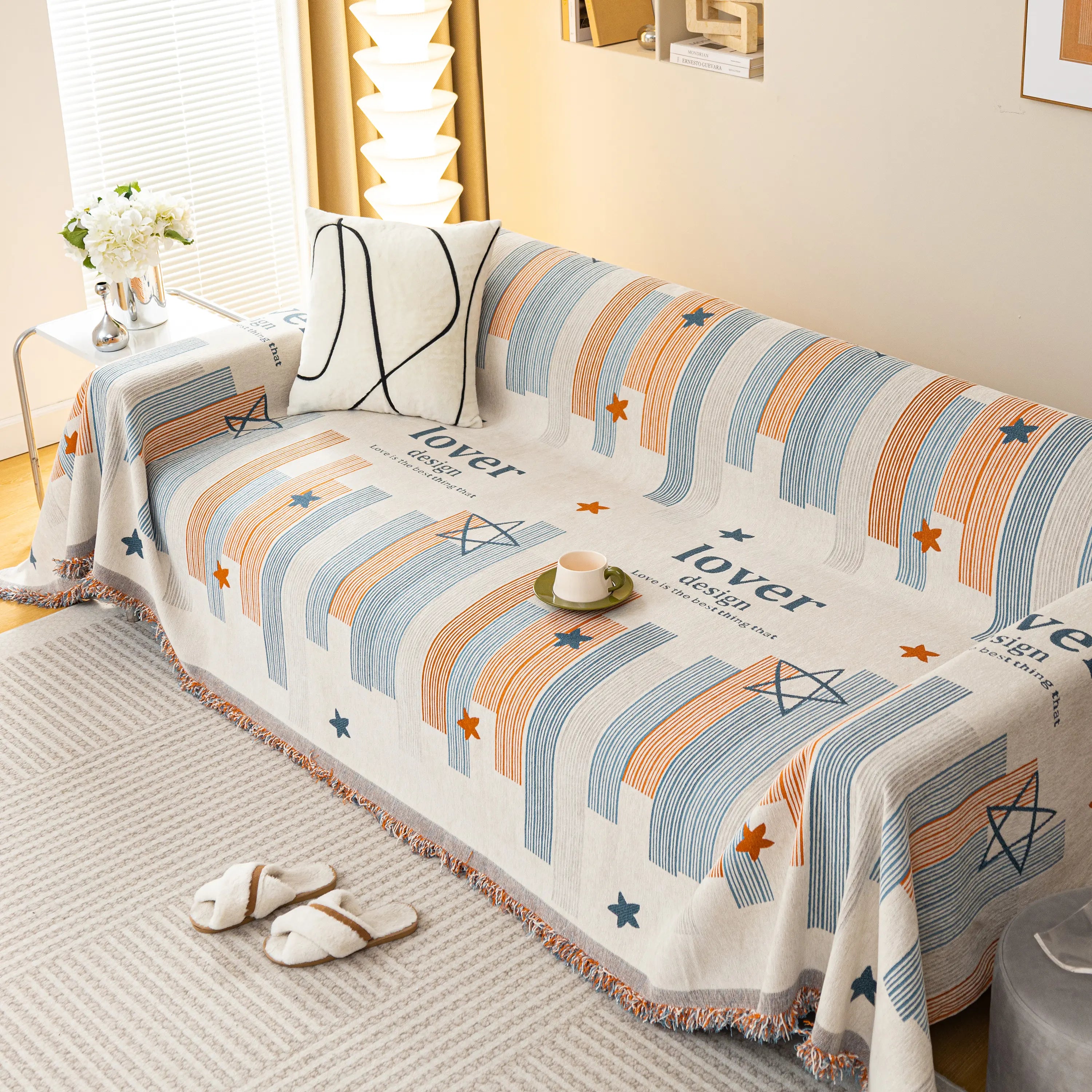 Geometric Chenille Sofa Throw Cover, Breathable Couch Protector with Tassel Fringe