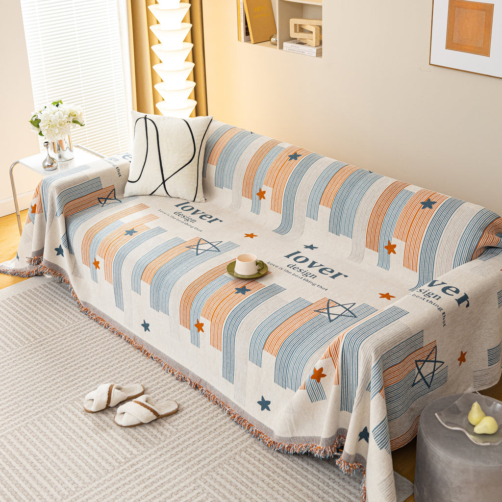 Geometric Chenille Sofa Throw Cover, Breathable Couch Protector with Tassel Fringe