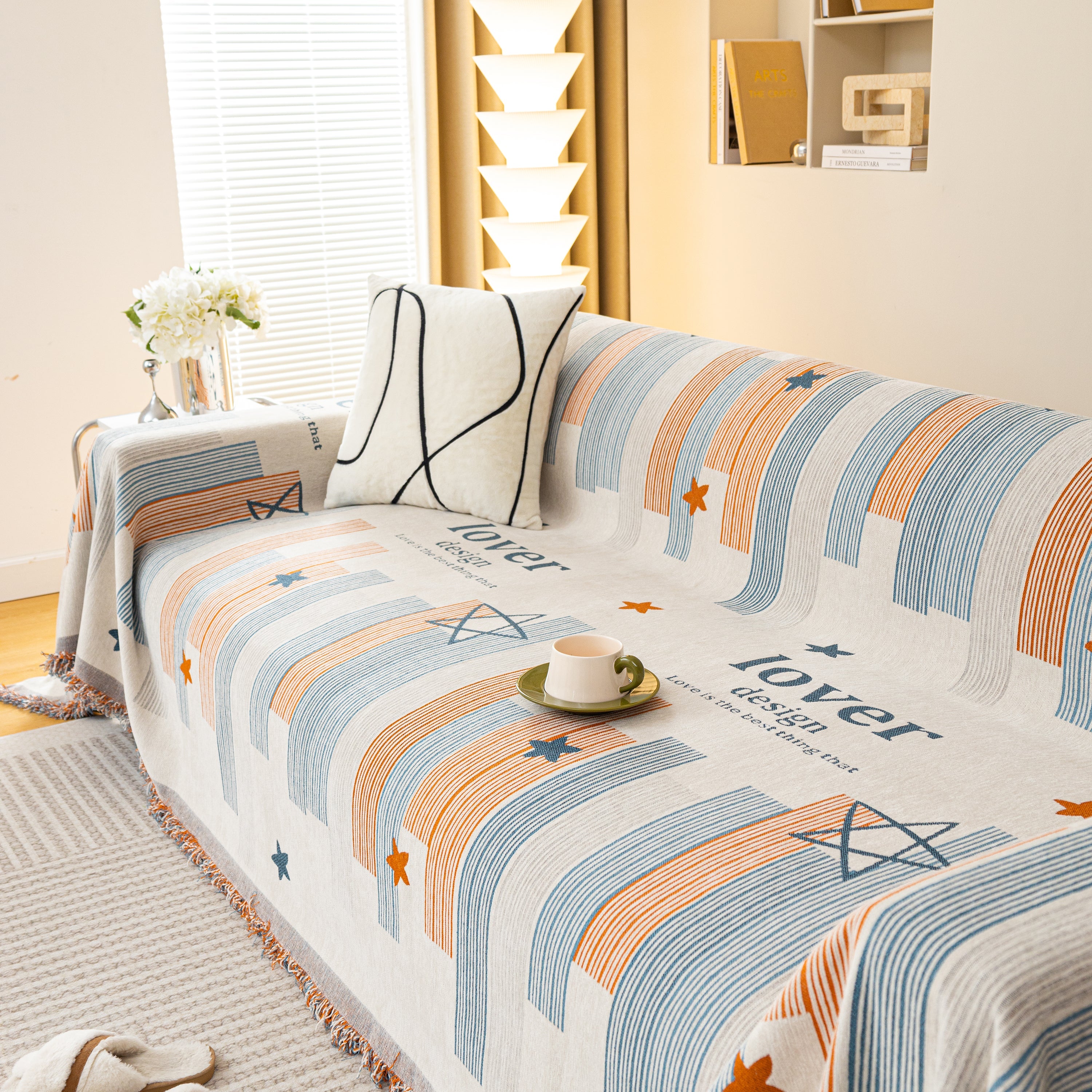 Geometric Chenille Sofa Throw Cover, Breathable Couch Protector with Tassel Fringe