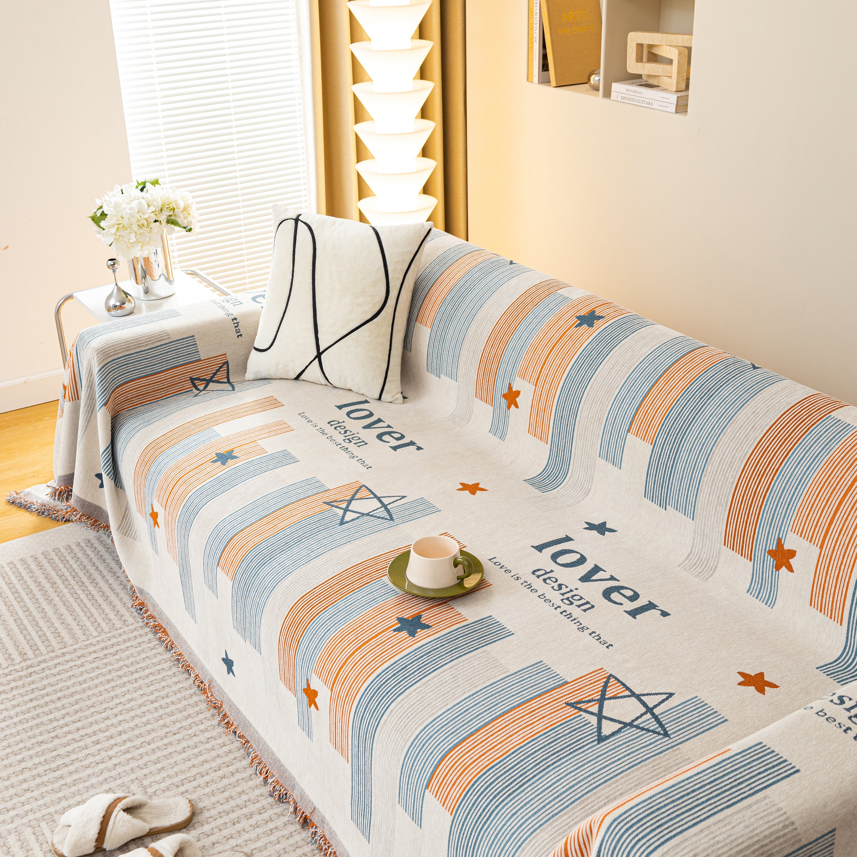 Geometric Chenille Sofa Throw Cover, Breathable Couch Protector with Tassel Fringe