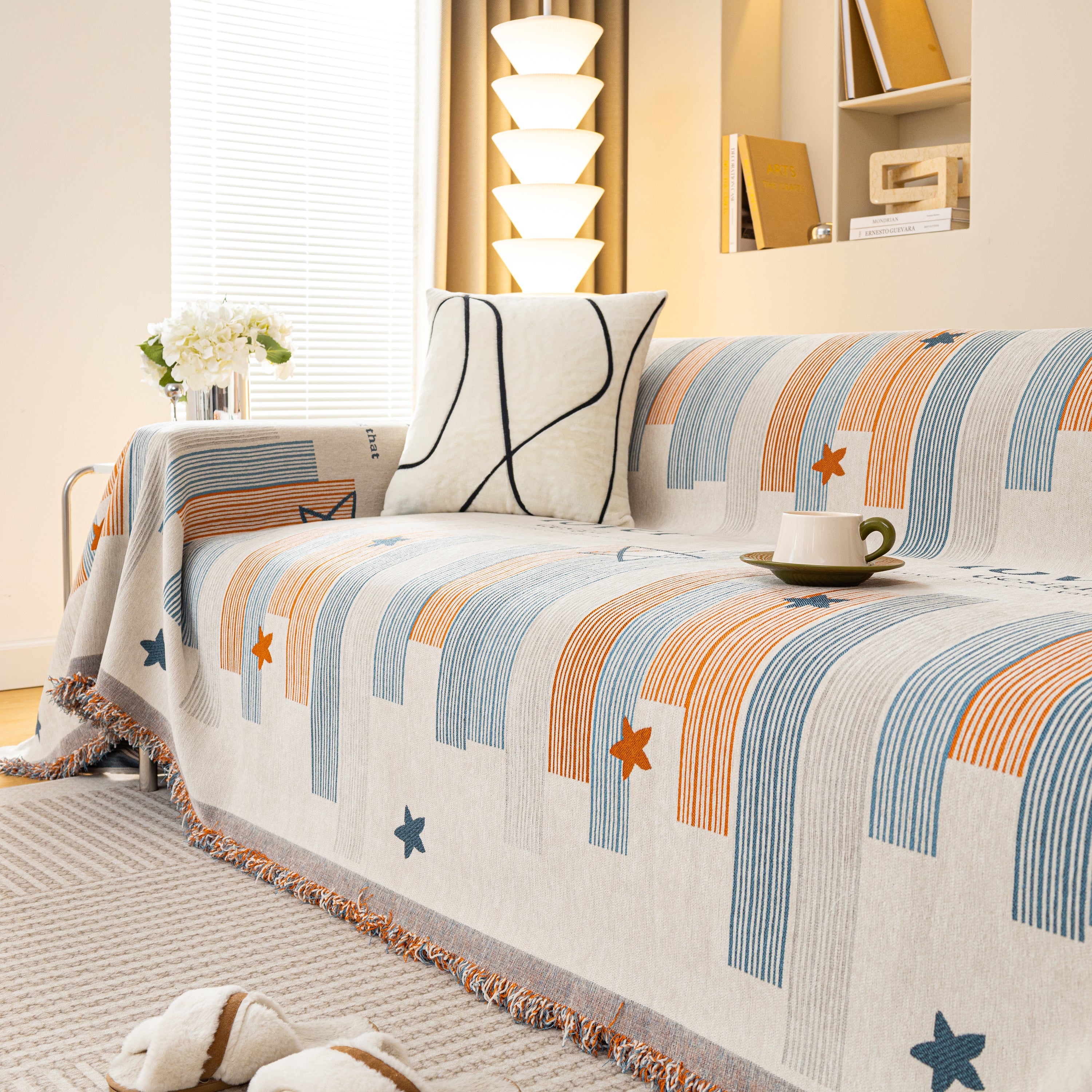 Geometric Chenille Sofa Throw Cover, Breathable Couch Protector with Tassel Fringe